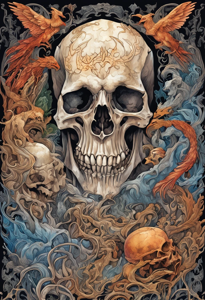 Skeleton and Lucifer talk to each other in a pile of corpses, Fantasy, Convoluted, Elegant, Highly detailed, Centered, simmetry, painterly, Convoluted, voluminetric lighting, Beautiful, A masterpiece of rich and deep colors, Sharp Focus, ultra-detailliert, in the style of Dan Mumford and Mark Simonetti, astrophotography