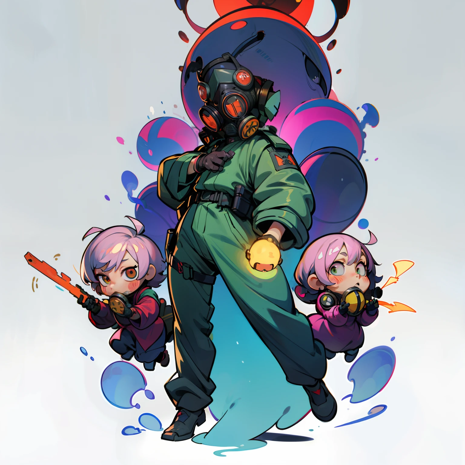 masutepiece, Best Quality, Full body shot, No background, White background, nuclear, martyr, An influential group of humans focused on aura and bosses, Man's, Chibi, a gas mask, orb from hand, short hair
