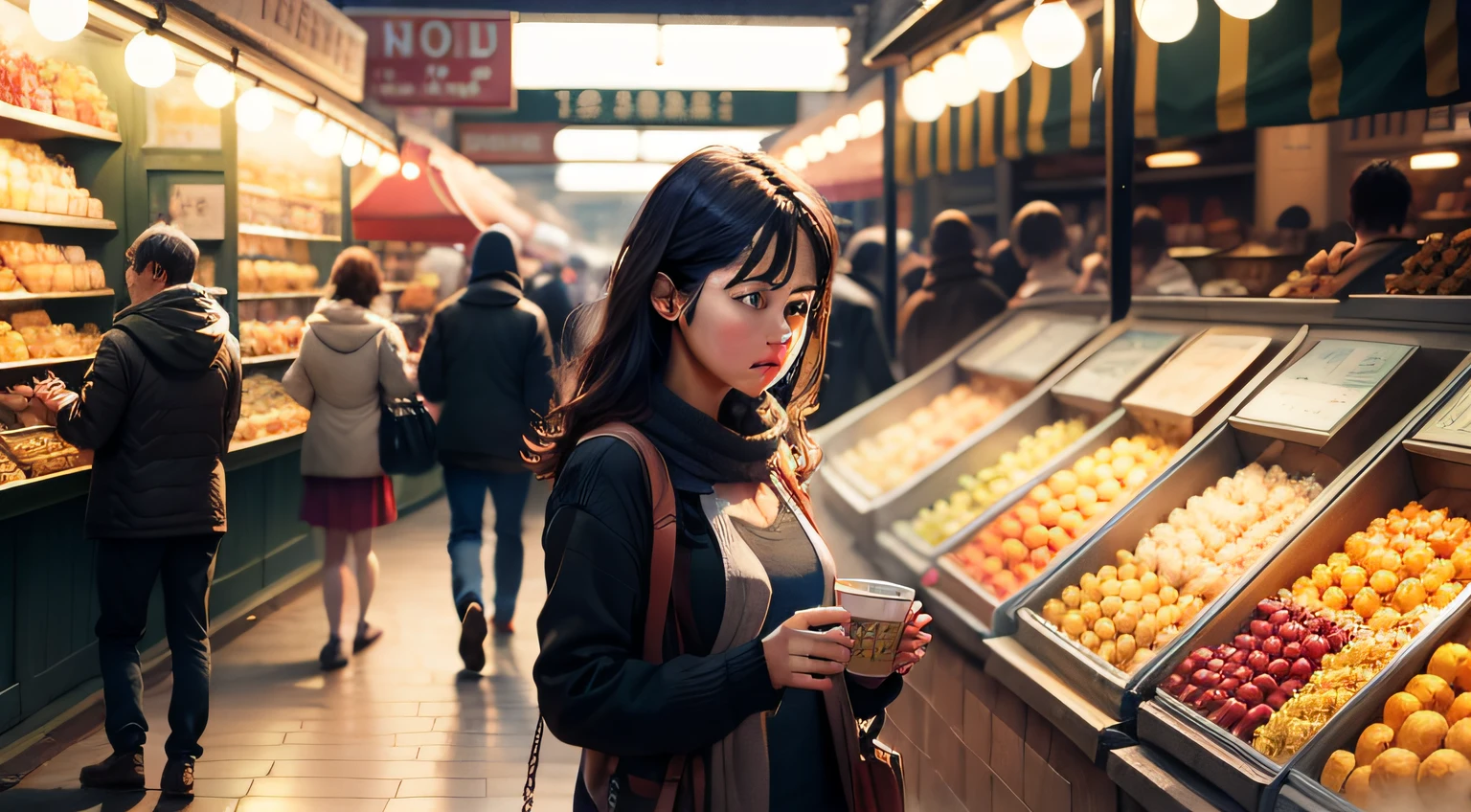 Depicted in a realistic style,In the market,People are doing their own thing,Everyone is alone