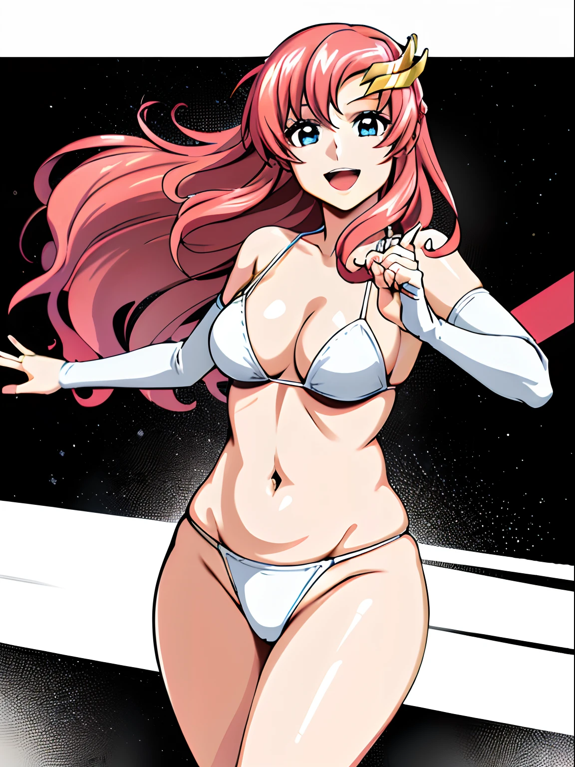 (masutepiece, 4K, Best Quality, Anime style: 1.9, (Solo), High color saturation, (wrestling ring background, wrestling stage), Detailed face, tall, Adult Woman, lovely, (White background), high resolution, Anime, lacus4. (White micro bikini with pink design), 1girl in, Solo, curvy figure, Long hair, 鎖骨, scapular, Wavy Hair, Detailed wide hair bangs, medium thighs, Hair Ornament, Detailed reddish-pink hair, cleavage, large hands, white fingerless gloves, Big blue eyes, Off-shoulder, (white elbow pad), medium breasts, Smile, open mouth very much, very slim belly, Dancing, Very happy