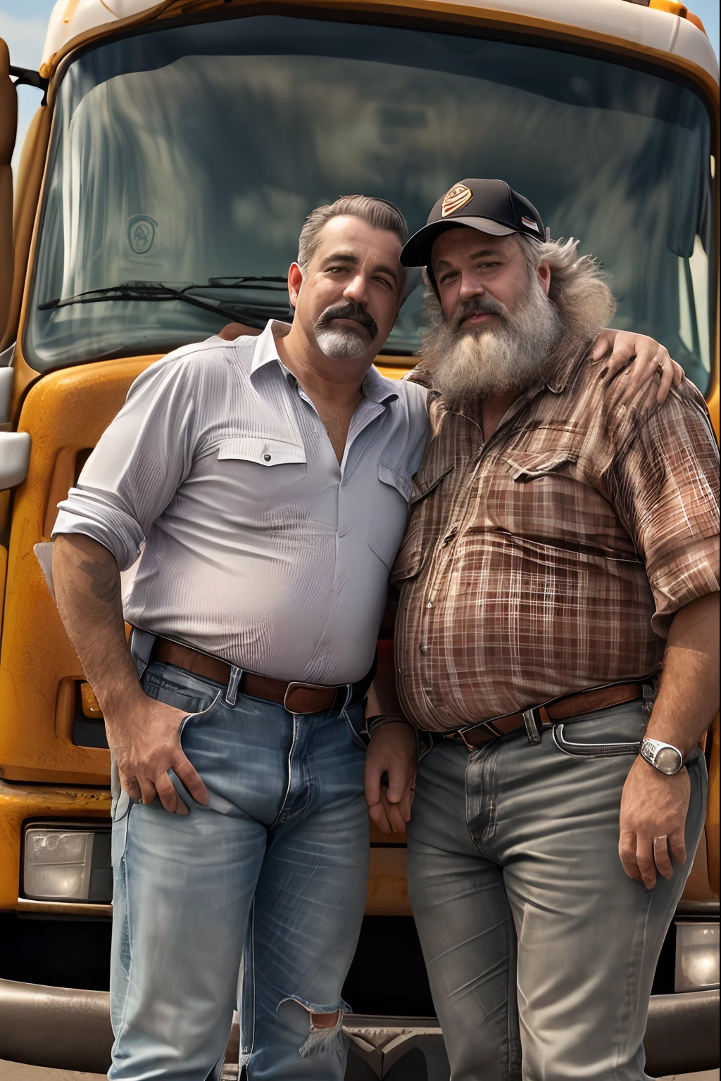 (((Dois Caminhoneiros de 60 anos beijo gay))), (beijo apaixonado, hugging, boca na boca, olhos fechados apaixonados, corpos gordos, full-bodied truck driver on the left, wearing a messy mustache and wavy hair, White stubble and truck driver, jeans, no meio, vestindo uma camisa xadrez vermelha aberta, corpo grande, forte, barriga robusta vestindo shorts verdes, cabelo cortado nas laterais e cravado por cima, Truck driver on the right has a fat body and a very hairy chest of very large body; Black pants with open hairy belly at the bottom, a huge red and black road truck ((( em um beijo apaixonado))), (((peitoral muito peludo))), Tatuado, (((barriga grande))), (rosto detalhado:1.3), (hyper-realistic:1.3), (((fabrica abandonada e suja))), 8k