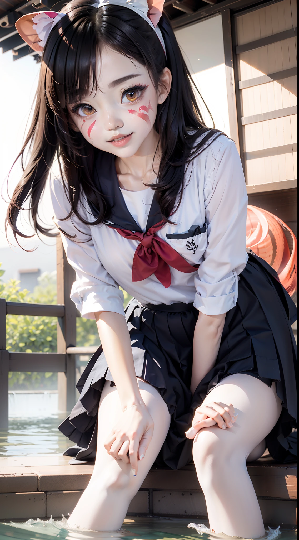 Japanese-style school uniform, Get wet, Pink low double tail, facepaint, Orange eyes, parted lip, foot out of frame, Close-up, fish eye, retinas, Textured skin, High details