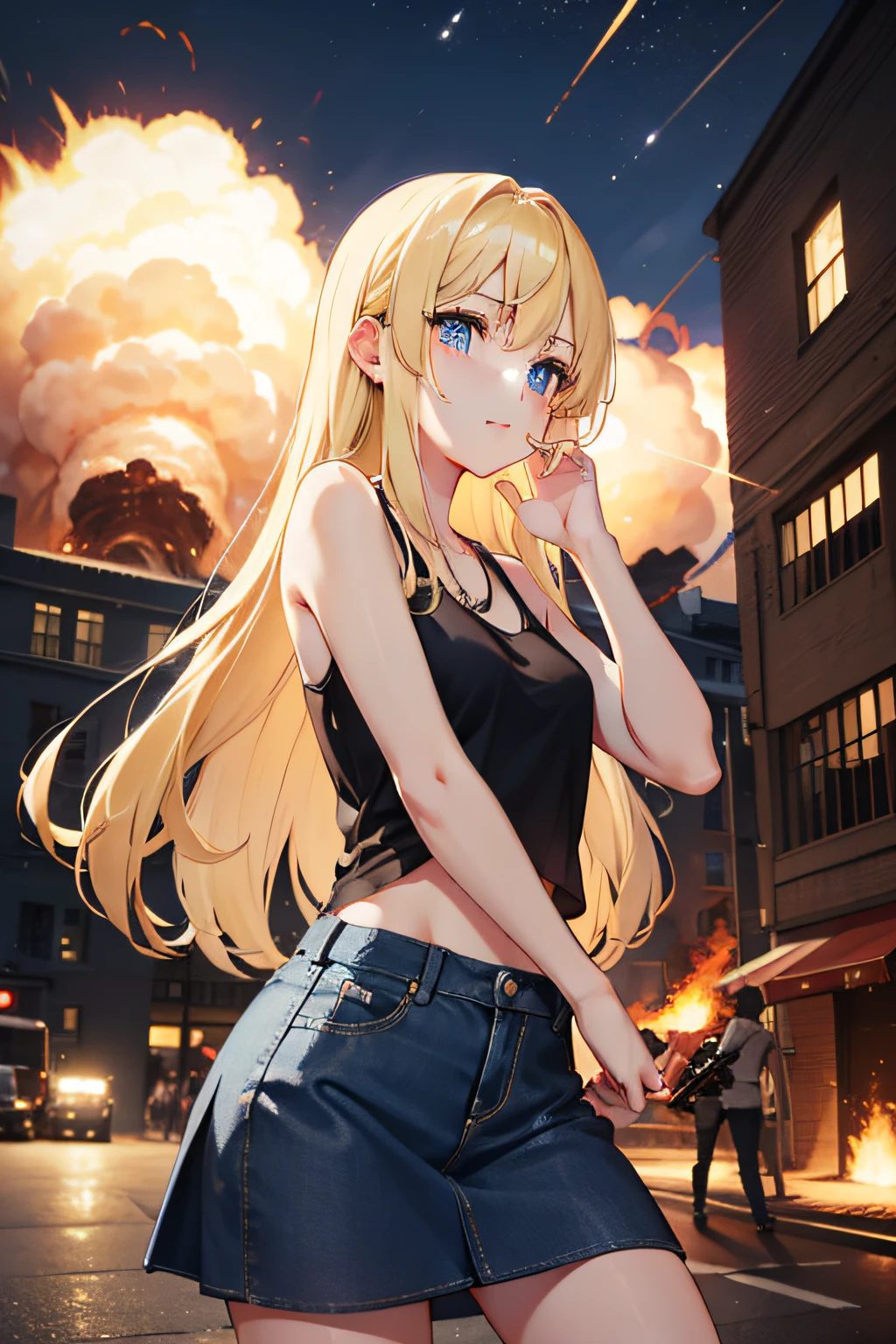 during night、Combat at the base、gun fight、A building that is exploding、Cute girl shooting gun、cute  face、full bodyesbian、Semi-long hair、a blond、blue eyes、Black tank top、Blue Jeans Skirt