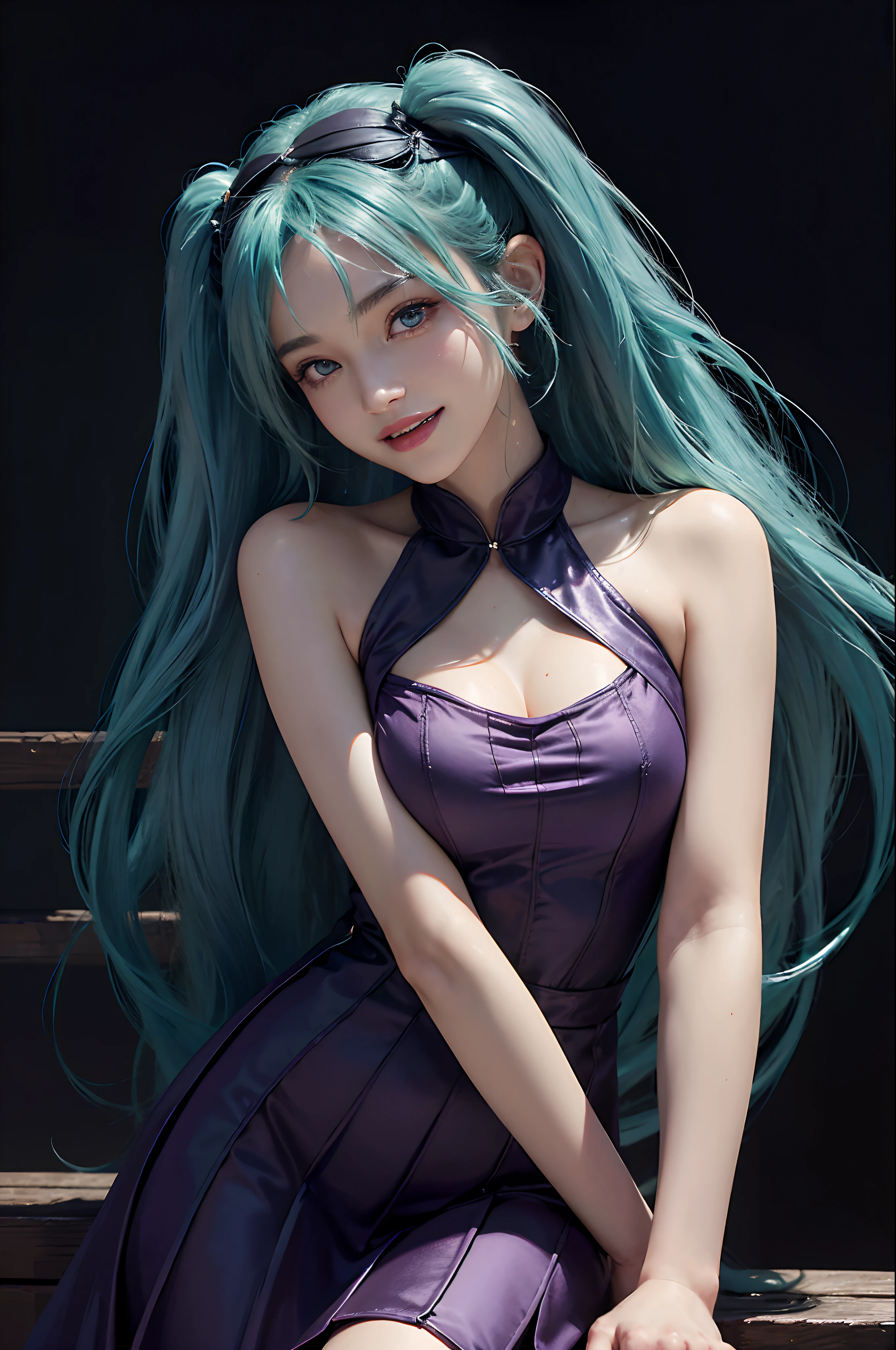 (hatsune miku charakter), tosca hair color, long twin tail hair with pony, looking at the view, eyes on the view, smile (big smile), (open mouth), full body photo, 21 years old girl, perfect body, perfect anatomy, tosca eye color, double eyelids, huge breasts, Highly detailed skin texture, (Realistic skin), Ultra-Detailed Face, Detailed Lips, Detailed Eyes, Double Eyelids, nacklaces, wet skin, wet hair, (((simple background))), (front focus), (in the dark:1.6), deep dark, Hyperrealist portrait of female by david hockney and alphonse mucha, fantasy art, photo realistic, dynamic pose, hot model pose, dynamic lighting, artstation, poster, volumetric lighting, very detailed faces, 4 k, in the dark, deep shadow, low key, cowboy shot, (purple dress color), luxury satin dress, lighting dress full body photo