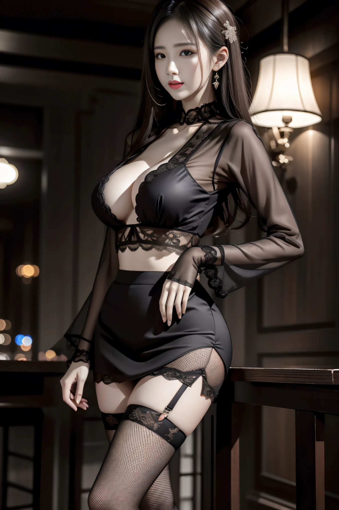 A woman who is，Works of masters，Best image quality，Higher quality，high detal，超高分辨率，8K分辨率，perfect hand，full body shot shot，exquisite facial features，s the perfect face，Glowing skin，a matural female，（真实感：1.4），（（（Nightclub hip skirt））），（（Long legs）），（（fishnet stockings）），