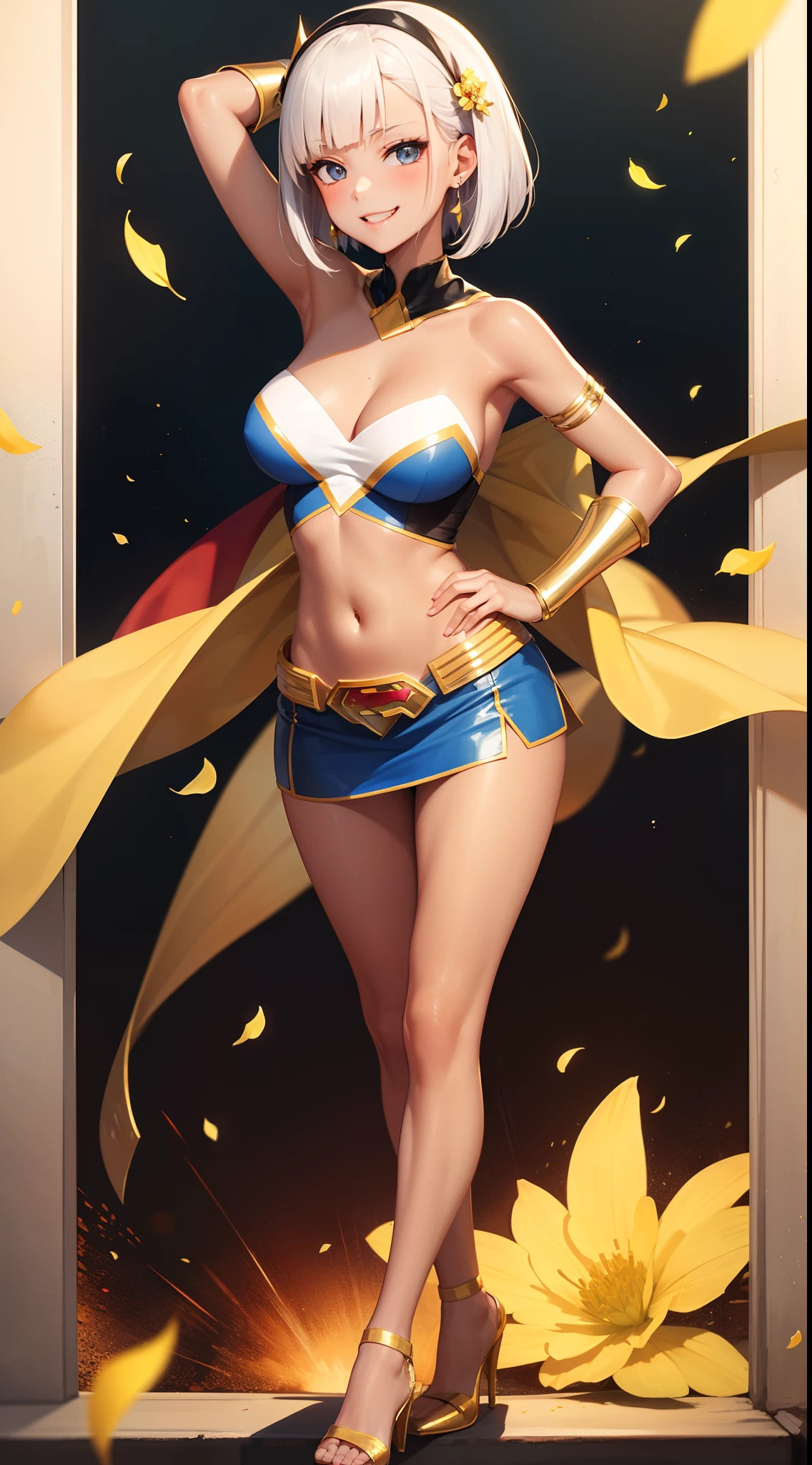 ((superheroine)), matou sakura, young, white long bob hair, full body, hair ribbon, head band, ((Tanned skin)), black strapless top, medium boobs, mini skirt, gold armlet, gold high heels, evil smile, Sassy, smirk, ((hands behind head)), earring, navel, flower petals, looking at viewer, drone view, flying across the sky