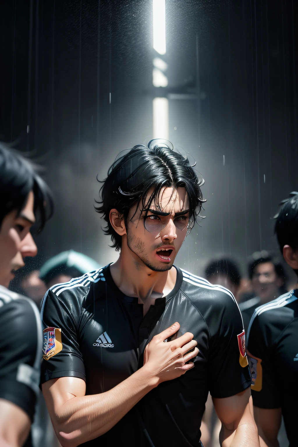 male front facing, black hair, ,raining,celebrating scoring a goal,surrounded by teammates Surrealism, drop shadow, anaglyph, stereogram, tachi-e, pov, atmospheric perspective, 8k, super detail, curate, best quality,