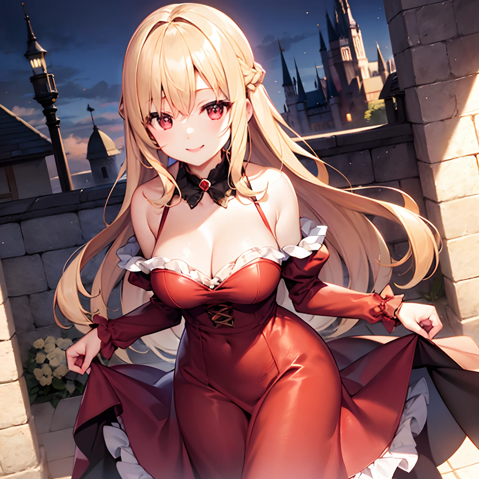a blond、red eyes、Beautiful girl alone、Red fluffy dress、off shoulders、Western-style castle、a smile