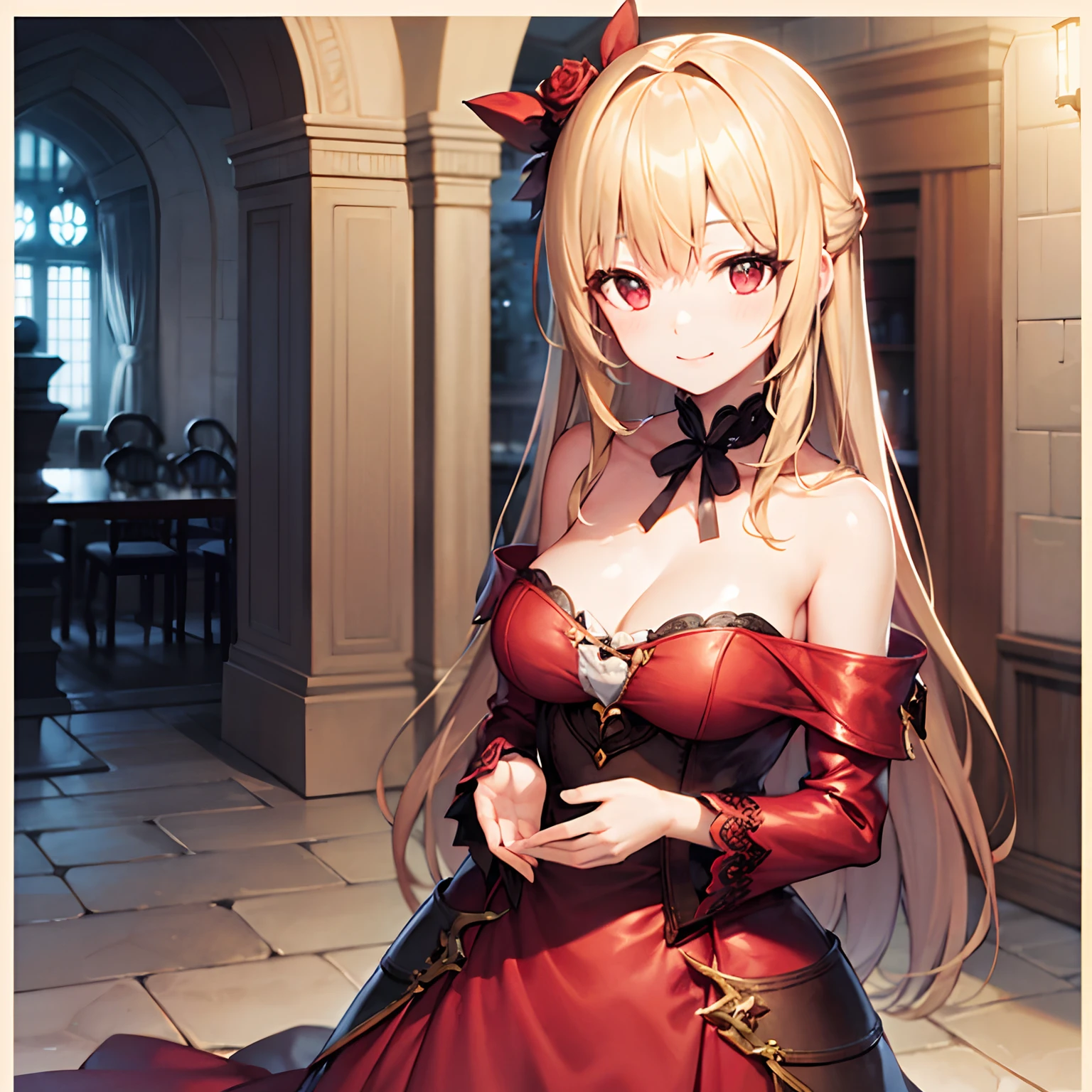 a blond、red eyes、Beautiful girl alone、Red fluffy dress、off shoulders、Western-style castle、a smile