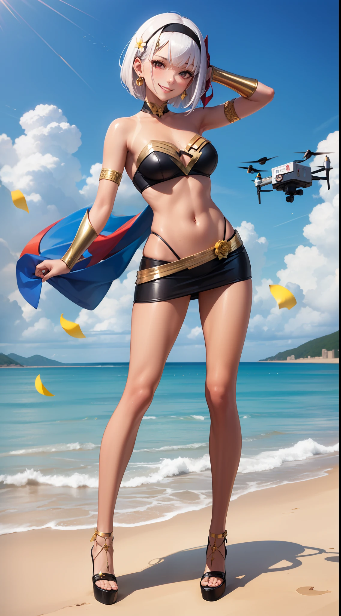 A girl，Full figure，Wearing a bikini，Suoergirl，Young Marilyn Monroe as Supergirl，blond，eyes beautiful，A charming smile，sexy Swimsuit , “S”logo, Small red cape，huge breasts, Huge ass, fitness legs, plump body,Rich in details，detailed，Advanced Lighting，High-quality paintings 8K
