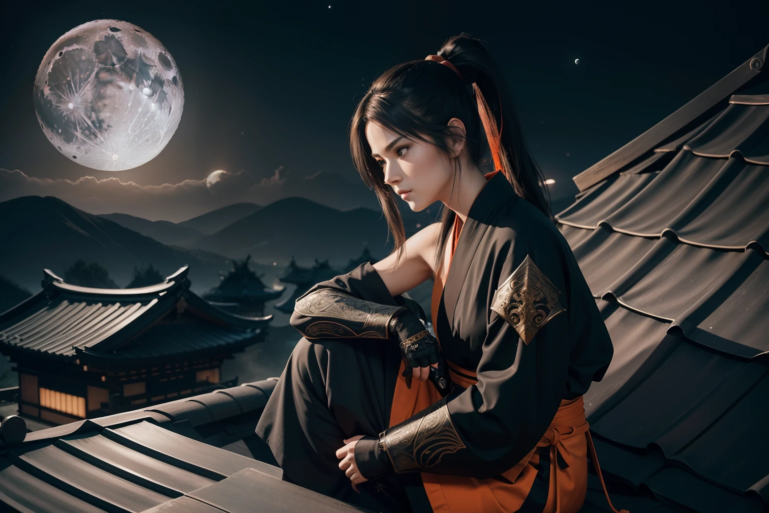 1 girl is ninja, katana at back, triangle with dignified face, sharp eyes, sharp looking, medium pale and orange pony tail, (steel pot metal in carving is moon:1.2), cover the nose, black and red ninja robe, siting, knee up, knee down, siting on the roof, classical samurai age house background with night of tranquility, 16k, radiosity, intricate detailed, extremely detailed, smooth and flawless skin, beautiful face and hair, highest quality, best quality, extremely detailed quality, symphonic metal style, create a sense of reality, intricate detailed texture,