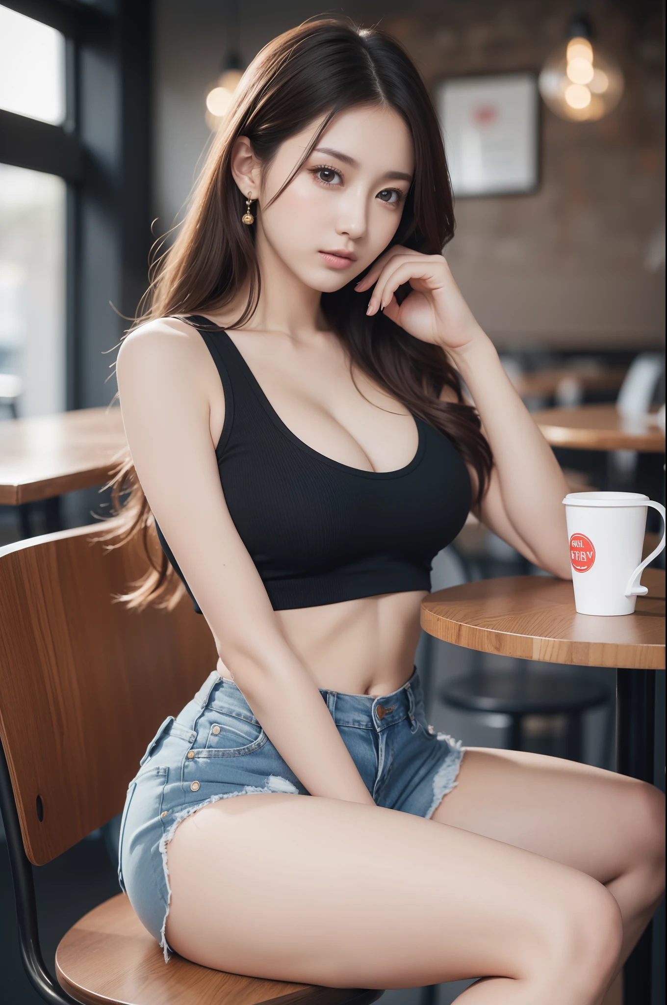 (realistic, high resolution:1.3), 1 girl with perfect figure, super fine face and eyes, long hair, tank top: 1.2 in random colors, denim hotpants, in a café, coffee on the table, big breasts, exposed cleavage