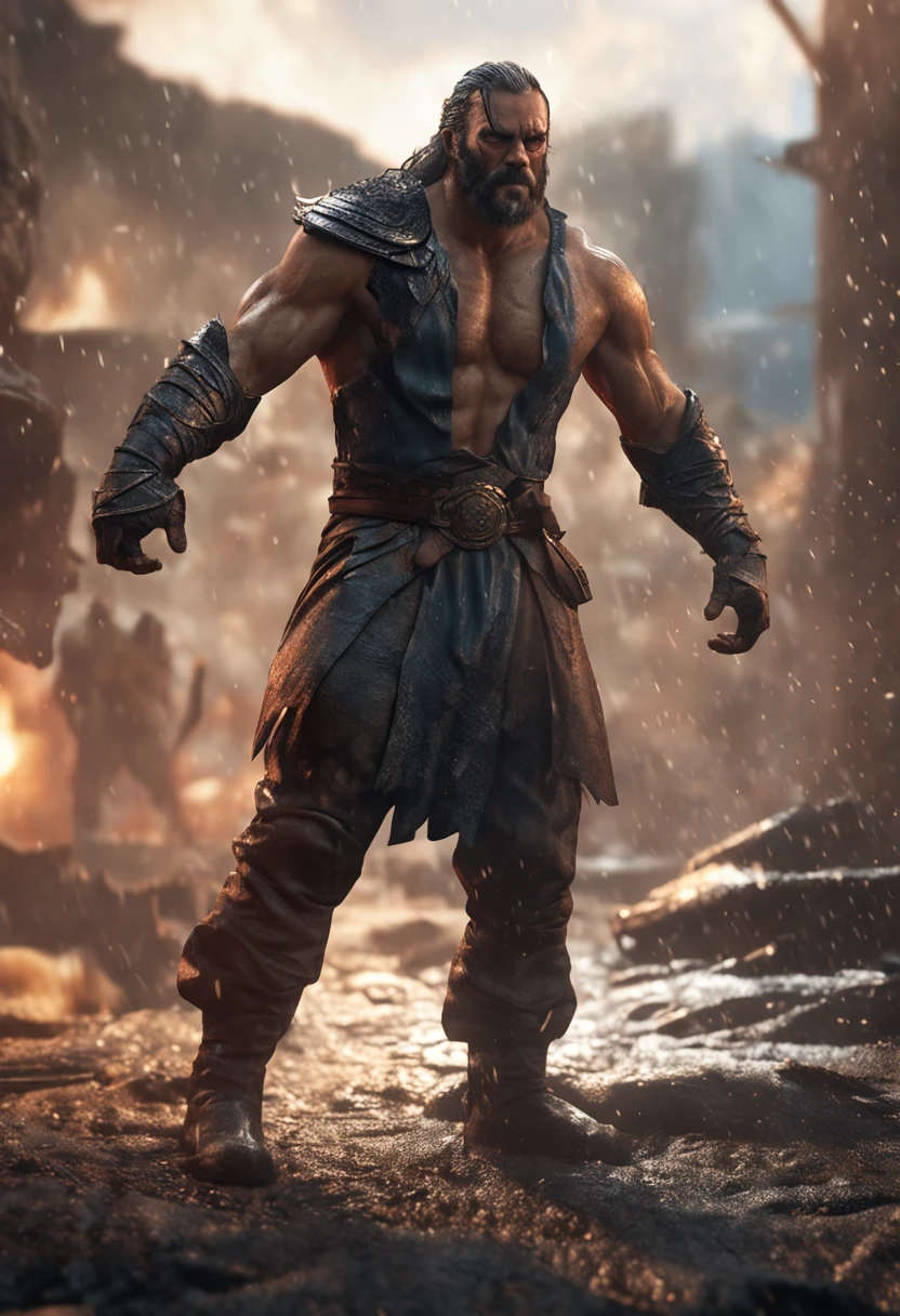 (Professional 3D rendering:1.3) de (Realistic:1.3) Foto de arte mais bonita do mundo，Apresenta mulheres suaves e brilhantes, ((Epic hero fantasy rough muscular man wet hero angry look long hair short beard and fierce expression in dynamic pose, fantastic location, majestoso ambiente desordenado)), corpo inteiro 8k unidade render, action shot, poros da pele, very dark lighting, sombreamento pesado, circunstanciado, Rosto detalhado, (vibrante, fotogrdeia realista, Realistic, Dramatic, Escuro, foco nítido, 8k), (Old leather clothes damaged by bad weather:1.4), ((((Use peles)))), (intrincado:1.4), decadente, (altamente detalhado:1.4), pintura digital, rendering by octane, art stations, Conceito-Arte, liso, foco nítido, illustration, germe da arte, (Loish:0.23), Wlop Ilya Kuvshinov, e Greg Rutkowski e Alphonse Mucha Gracias, (global ilumination, studiolight, Light Volumetric), chuva forte, floating particles, patife, fantasia, Onze, corpo inteiroesbian, ((Fundo escuro e antigo da cidade:1.3)),CGSesociedade,art stations