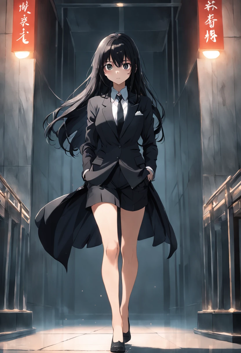 8K delicate perfect real 2D black long hair black eyes mature young woman wearing black suit, legs wearing black silk, delicate face, mature figure(Full body photo)Leaning against a white wall, looking ahead, his face is cold