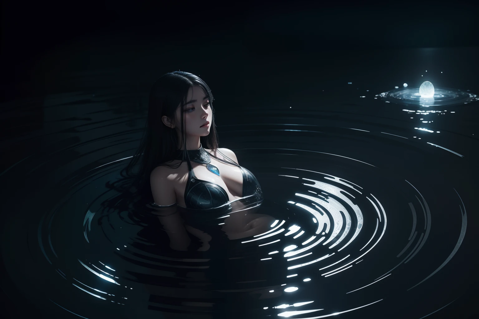 water with glass ripples with moon tears, pray, mysterious and silence atmosphere, dark night core, 16k, holographic rendering, associated illustration, intricate detail texture, smooth skin, masterpiece,