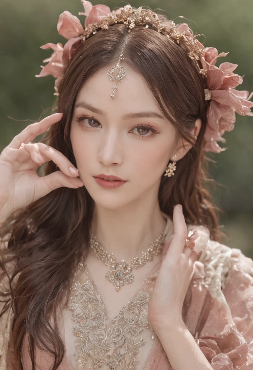 Works of masters,high detal,8K分辨率,in a panoramic view,exquisite facial features,s the perfect face,Glowing skin,femele,goddes,Watery eyes,serious,Hair over the shoulder,Behind your ears,ribbons,Ribbon trim,silber hair,Summer dress,shawl,bare-legged,are standing,had his hands folded,view from long distance,DOA,kosmos,Magic ring,Water magic,Colorful stars