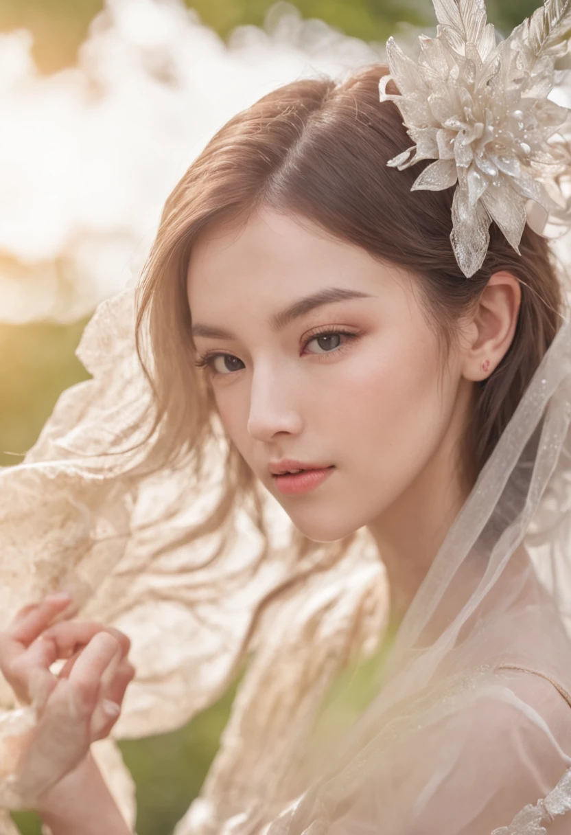 Works of masters,high detal,8K分辨率,in a panoramic view,exquisite facial features,s the perfect face,Glowing skin,femele,goddes,Watery eyes,serious,Hair over the shoulder,Behind your ears,ribbons,Ribbon trim,silber hair,Summer dress,shawl,bare-legged,are standing,had his hands folded,view from long distance,DOA,kosmos,Magic ring,Water magic,Colorful stars