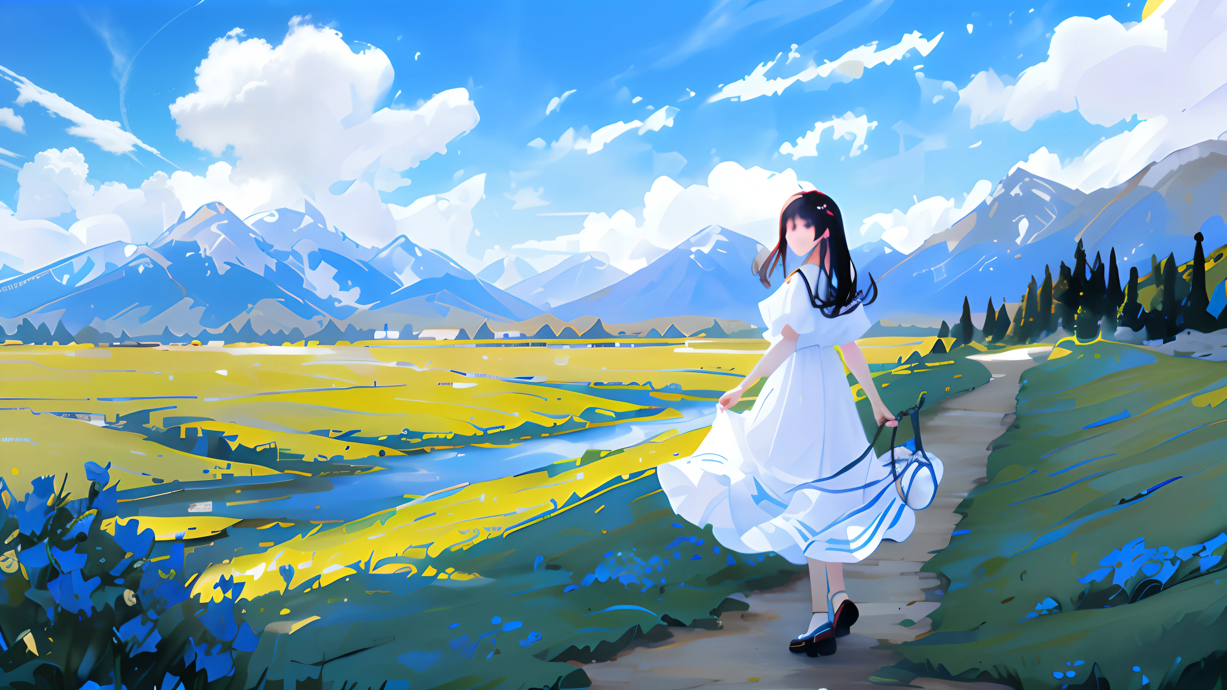 anime, anime landscape, Woman watching the clouds, In the grassland, creative, Realist, White cloud, blue sky, Wonderful landscape, Woman looking away from the camera, Wide Photography, Realistic grass, Flying Bird. The middle lake, The sky is reflected in the lake, student、Young people、Hot summer sky、Raise your fist
