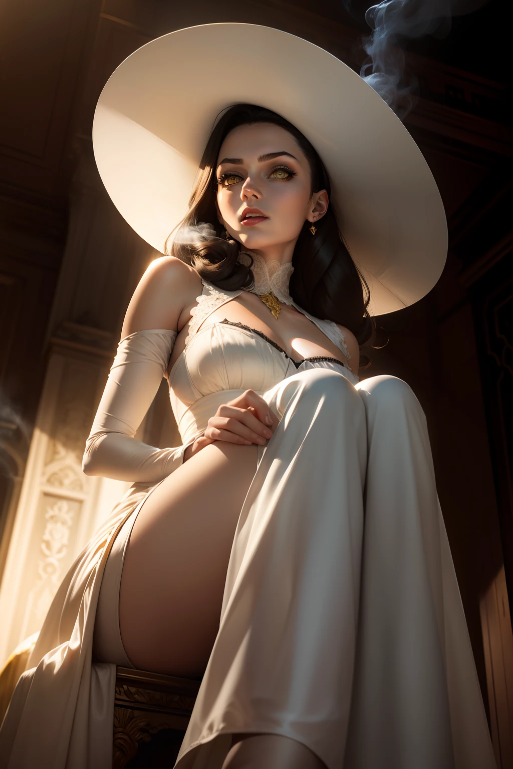 1girl,alcina dimitrescu,yellow eyes,masterpiece,sitting,smoking,from below,white gown,hat,