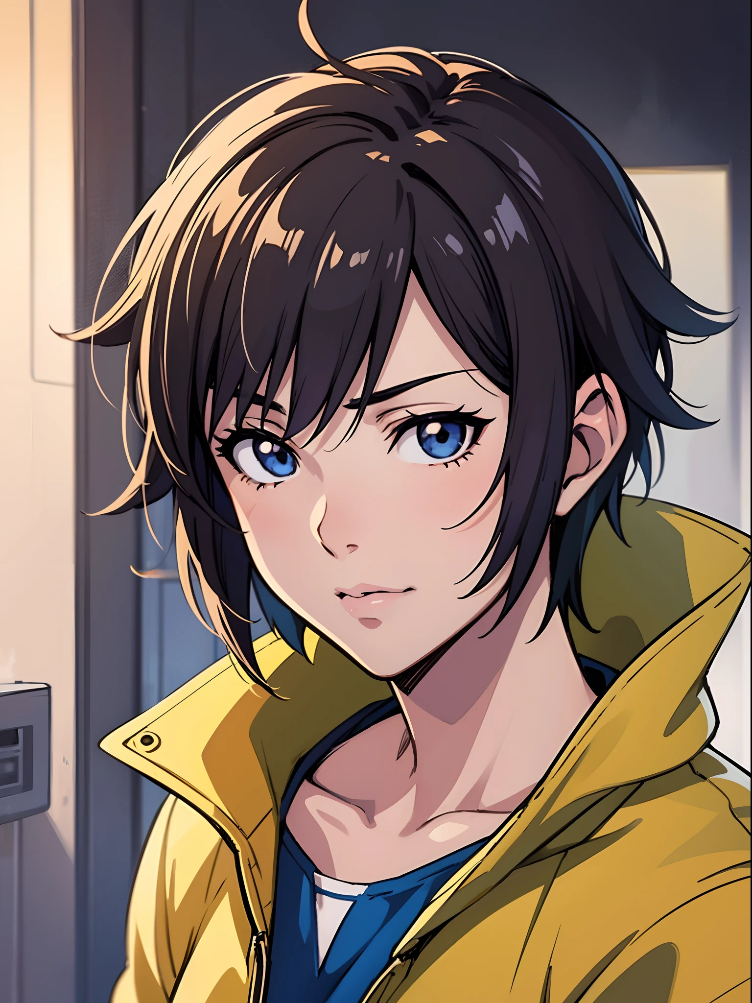 a close up of a person wearing a jacket and a yellow jacket, anime style portrait, made with anime painter studio, makoto shinkai art style, makoto, sayori, by Kamagurka, by Kamisaka Sekka, semirealistic anime style, satoshi kon artstyle, makoto shinkai style, anime style illustration