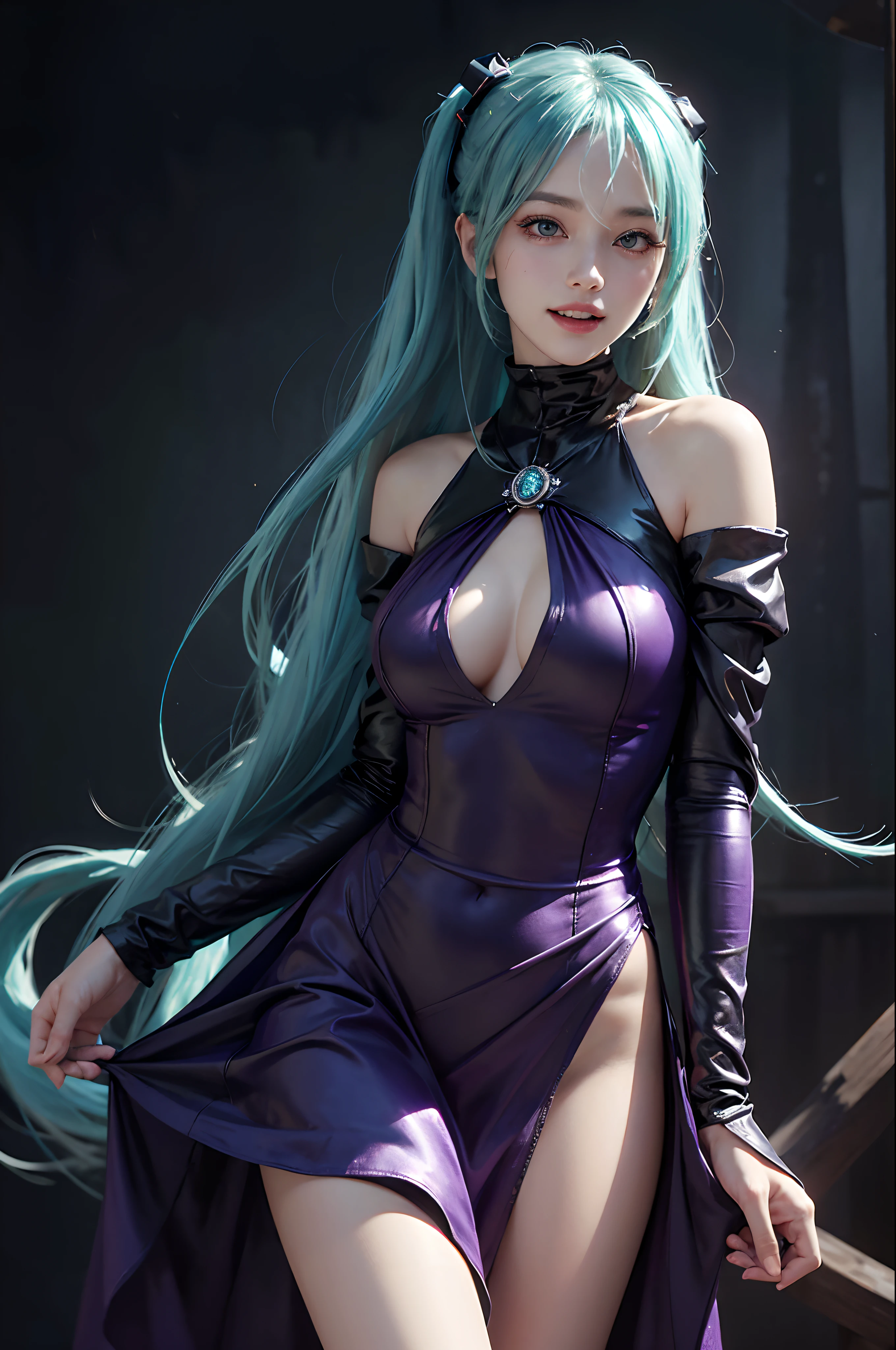 (hatsune miku charakter), tosca hair color, long twin tail hair with pony, looking at the view, eyes on the view, smile (big smile), (open mouth), full body photo, 21 years old girl, perfect body, perfect anatomy, tosca eye color, double eyelids, huge breasts, Highly detailed skin texture, (Realistic skin), Ultra-Detailed Face, Detailed Lips, Detailed Eyes, Double Eyelids, nacklaces, wet skin, wet hair, (((simple background))), (front focus), (in the dark:1.6), deep dark, Hyperrealist portrait of female by david hockney and alphonse mucha, fantasy art, photo realistic, dynamic pose, hot model pose, dynamic lighting, artstation, poster, volumetric lighting, very detailed faces, 4 k, in the dark, deep shadow, low key, cowboy shot, (purple dress color), luxury satin dress, lighting dress full body photo