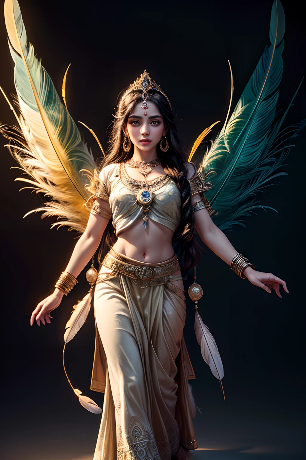 (masterpiece, top quality, best quality, official art, beautiful and aesthetic:1.2), / image of Lord krishna with radha in traditional background include peacock feather shadow logo design 4k as 4:3 ,extremely detailed,(fractal art:1.1),(colorful:1.1)(flowers:1. 3),more detailed,(zentangle:1.2), full body,(abstract background:1.3),(glowing skin),(many colors:1.4), ,(earrings),(feathers:1.5),Stunning, Masterpiece, Digital illustration. High definition, high resolution, 8K, 3d render, unreal engine, hyper detailed, sharp focus, best quality, masterpiece, post-processing, perfect result. breathtaking beauty, pure perfection, perfect everything, perfect anatomy, divine presence, unforgettable, stunning, breathtaking beauty, Volumetric light, auras, rays, vivid colors reflect. Energy, molecular, textures, iridescent and luminescent scales,