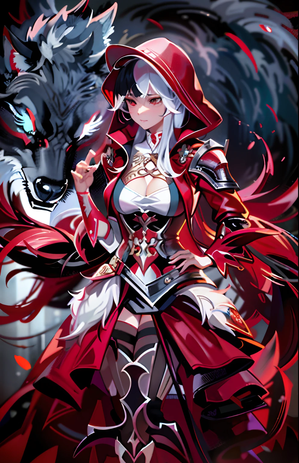 Anime girl with red hair and sword and wolf, WLOP et Artgerm, Extremely detailed Artgerm, wlop and rossdraws, Artgerm et WLOP, lady in red armor, thief red riding hood, artgerm comic, Artgerm style, in the style of artgerm, Fantasy art style, ahri