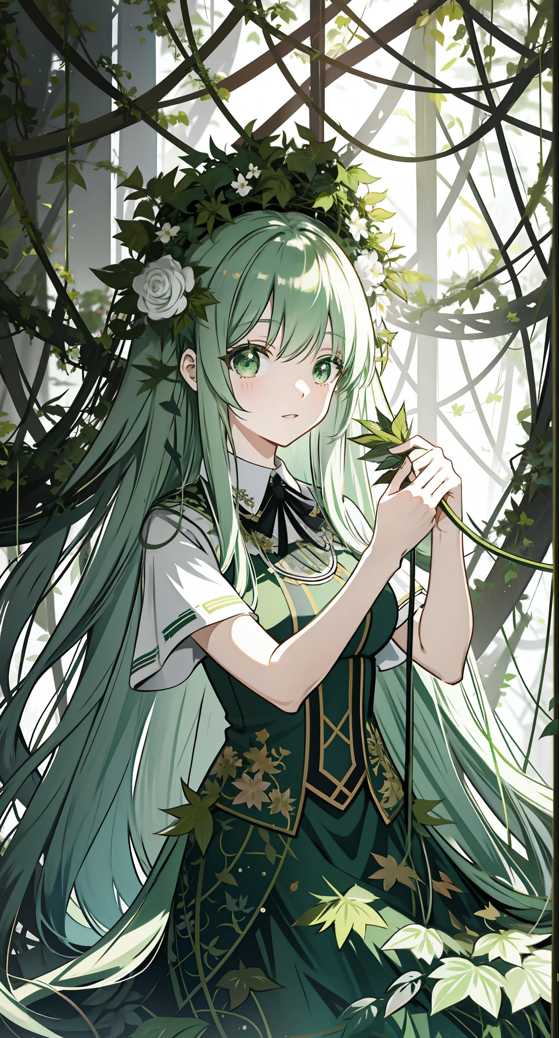 Anime girl in long hair and green dress in the forest, made of vines, zerochan art, covered in vines, overgrown with vines, Anime girl with long hair, vine covered, with ivy, forest soul, with a few vines and overgrowth, detailed anime art, Digital art on Pixiv, clad in vines, Pixiv style, Detailed digital anime art，Hands drooping