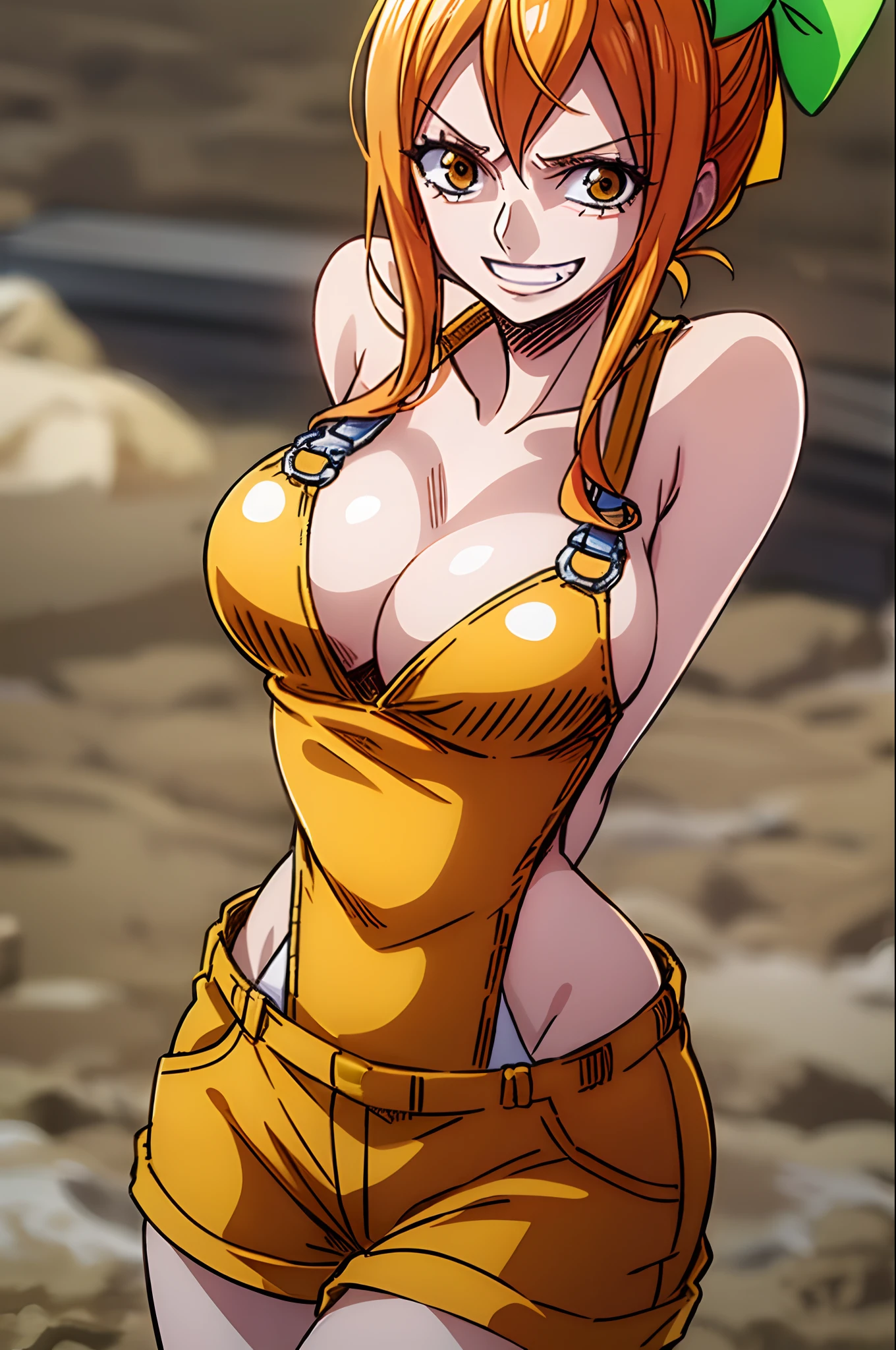 nami_\(one_piece\), 1girl, solo, standing, (large breasts), orange, (orange overalls), (orange overall_shorts), (white bikini_top), cleavage, embarrassed, smile, brown_eyes, shiny_skin, cowboy_shot, beach, skindentation, arms_behind_back, (green hairband with bow),