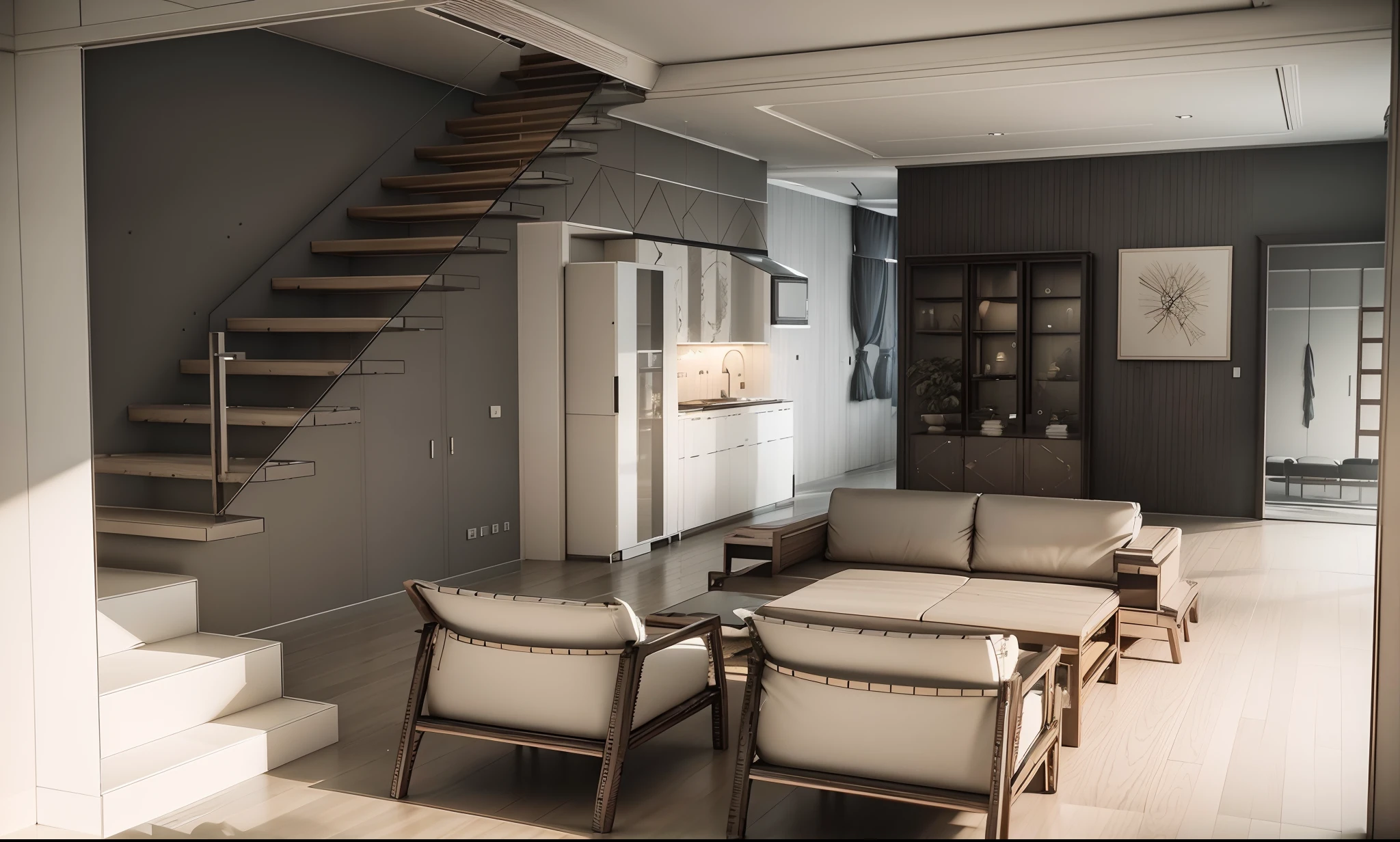 Interior design，liveroom，European minimalist style，Minimalist，nordic，(Black ash)，Light-colored furniture，Multi-angle display，a 3D render、cozy indoor lighting、8K，terrazzo，janelas，Simple wall lamp，Concise wind，broad,Floor-to-ceiling windows