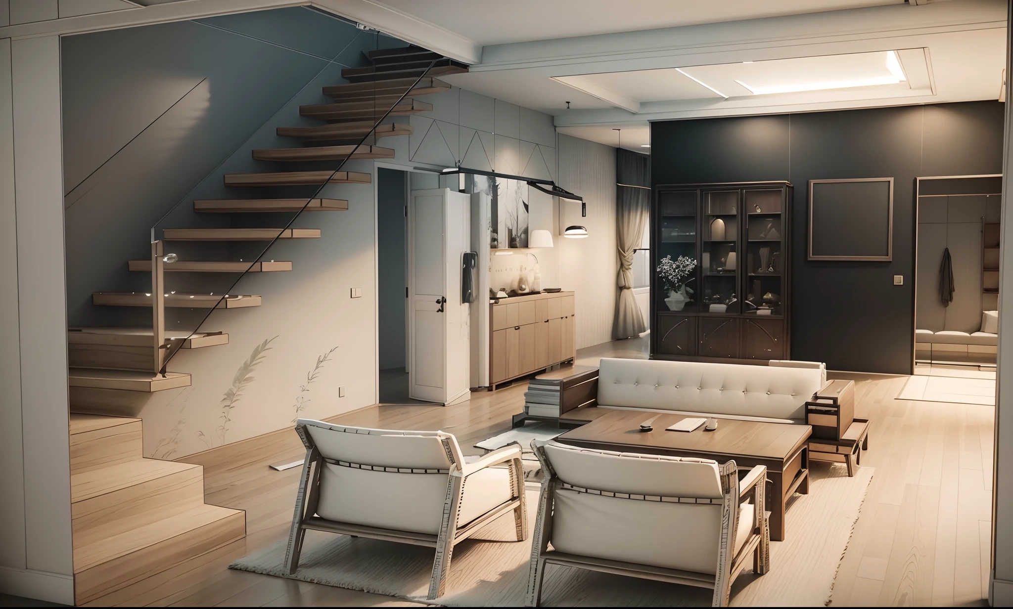 Interior design,liveroom,European minimalist style,Minimalist,nordic,(Black ash),Light-colored furniture,Multi-angle display,a 3D render、cozy indoor lighting、8K,terrazzo,janelas,Simple wall lamp,Concise wind,broad,Floor-to-ceiling windows
