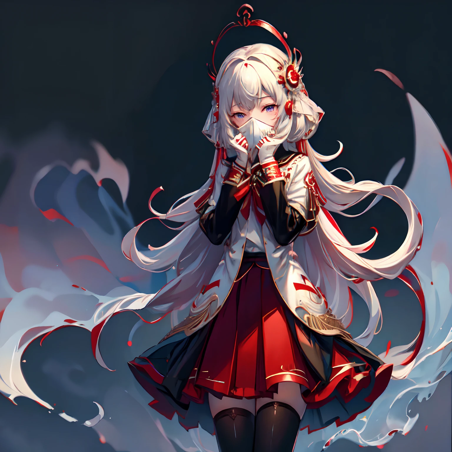 tmasterpiece，best qualtiy，Correct limbs，Girl covering her mouth，is shy:1.5，Be red in the face:1.5，JK school uniform，emaciated，a black pleated skirt，black lence stockings，thin very long legs，18year old，High school seniors，school ground