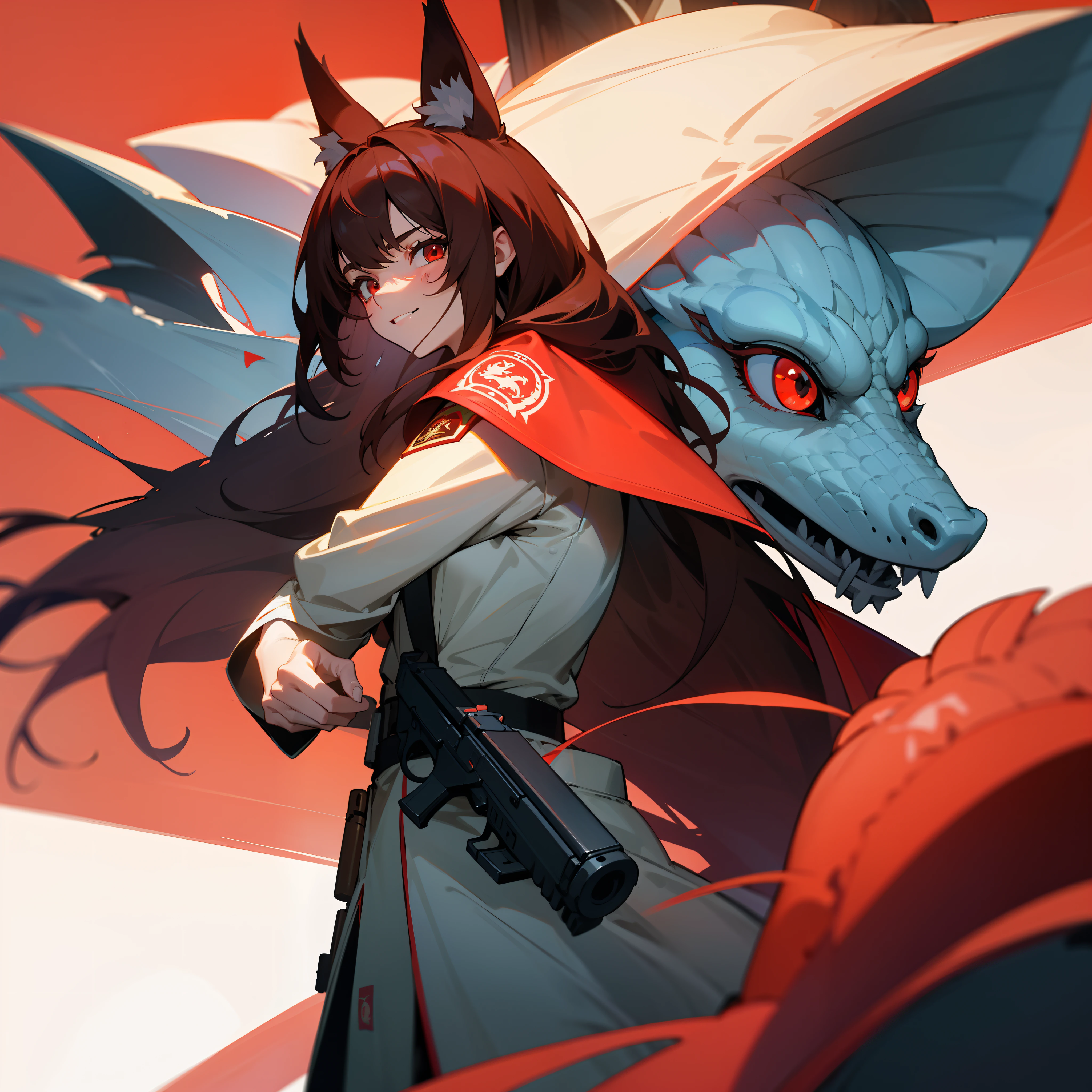 brown  hair，s girl，long whitr hair，red color eyes，White police uniform，Police uniforms have dragon emblems，Stand by the coast，It's raining，With a gun in his hand，The gun contains dragon elements，The time is daylight，Face evil smile，fox tails，Close-up of rainwater，Light intensification