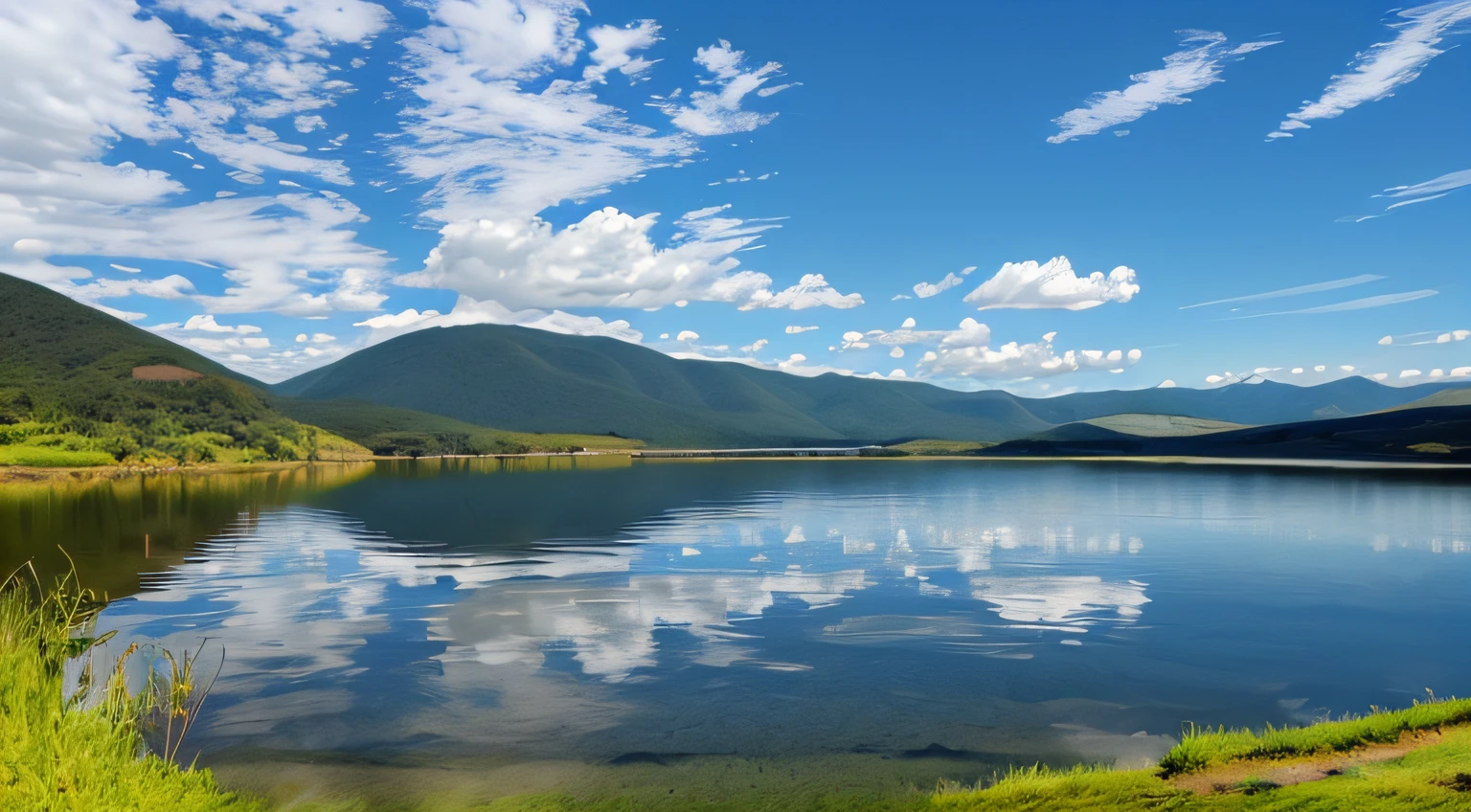 realista, beautiful lake mirroring the landscape. blue sky, montanhas no horizonte --auto --s2