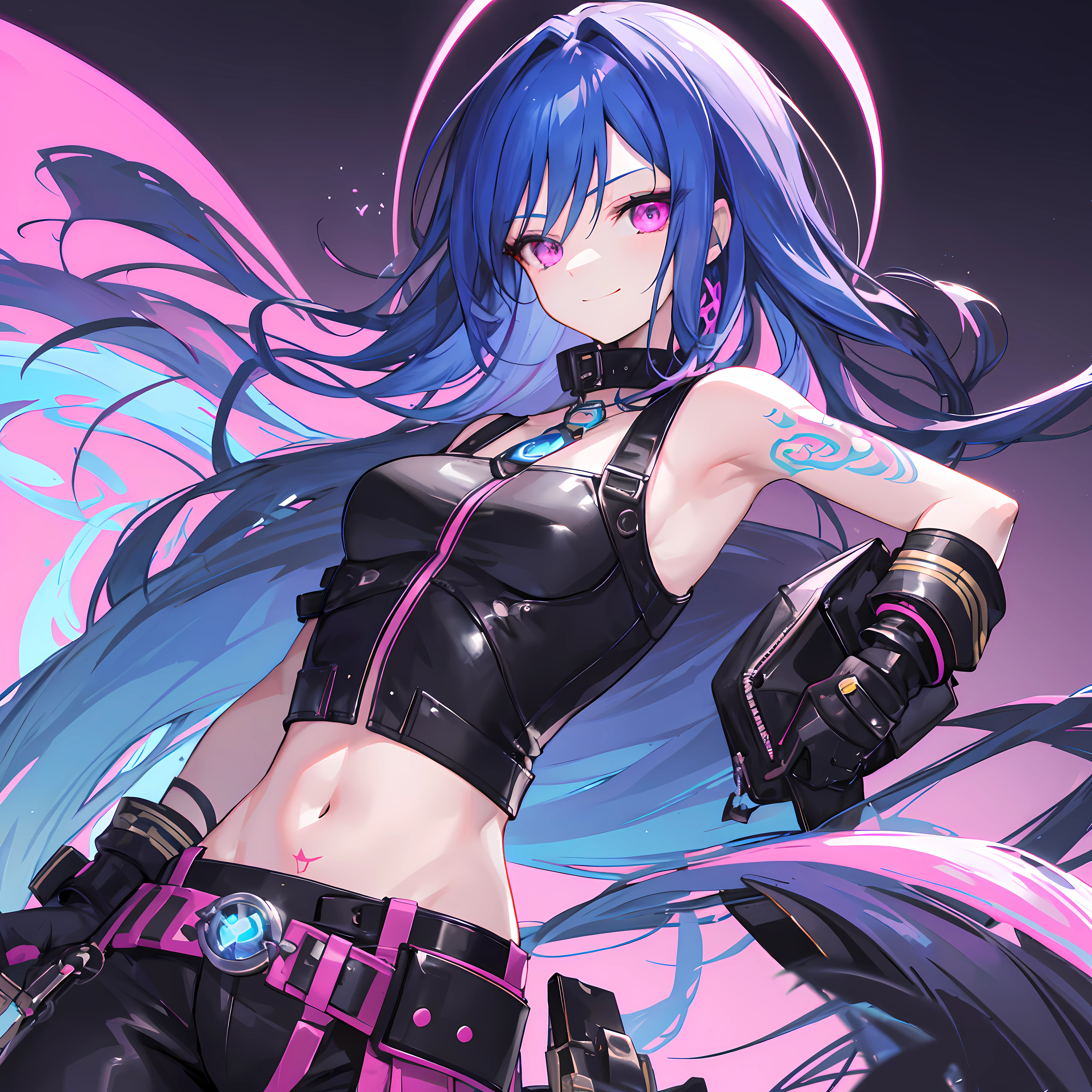 Solo,(Best quality:1.2,Masterpiece:1.2,Ultra detailed,hires),
Jinx (League of Legends),(Best quality:1.2,Masterpiece:1.2,Ultra detailed,hires),1girll,Upper body,Small breasts,
Blue hair,Long hair,Double up braid,Very long hair,bangs,Arm tattoos,stomach tattoo,Pink eyes,
Black leather,Cortical arm,Crop top,midriff,Bare shoulders,Black fingerless gloves,black,Cortical neck ring,
Boots,Pink striped pants,belt,brownfootwear,
view the viewer,Smile,