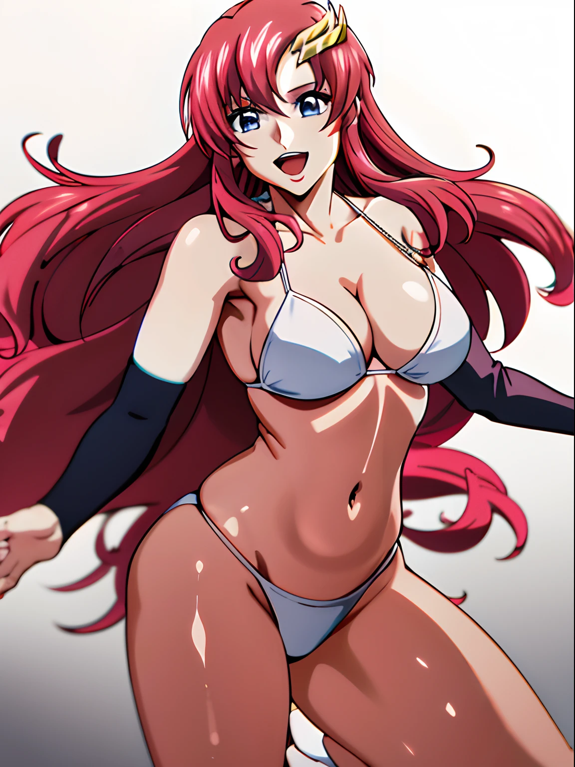 (masutepiece, 4K, Best Quality, Anime style: 1.9, (Solo), High color saturation, (wrestling ring background, wrestling stage), Detailed face, tall, Adult Woman, lovely, (White background), high resolution, Anime, lacus4. (White micro bikini with pink design), 1girl in, Solo, curvy figure, Long hair, 鎖骨, scapular, Wavy Hair, Detailed wide hair bangs, medium thighs, Hair Ornament, Detailed reddish-pink hair, cleavage, large hands, white fingerless gloves, Big blue eyes, Off-shoulder, (white elbow pad), medium breasts, Smile, open mouth very much, slender belly, belly lines, detailed belly, very slim belly, Dancing, Very happy