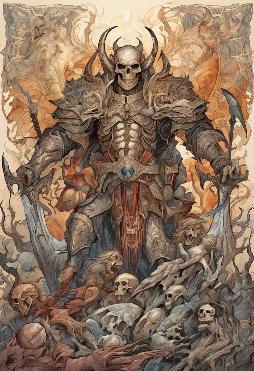 Skeleton kinght and Lucifer talk to each other in a pile of corpses, Fantasy, Convoluted, Elegant, Highly detailed, Centered, simmetry, painterly, Convoluted, voluminetric lighting, Beautiful, A masterpiece of rich and deep colors, Sharp Focus, ultra-detailliert, in the style of Dan Mumford and Mark Simonetti, astrophotography