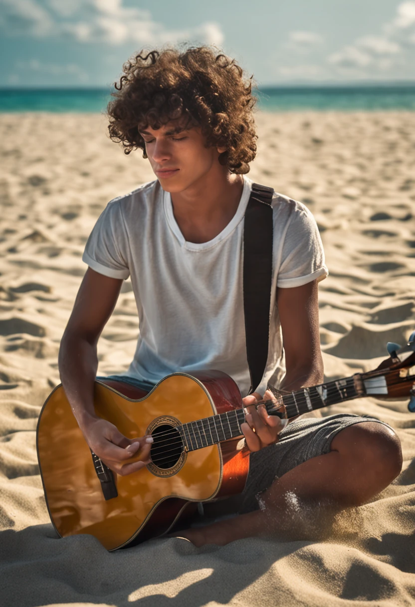 a beautiful young man , with curly hair, playing the guitar on a beautiful beach with a sea of crystalline waters