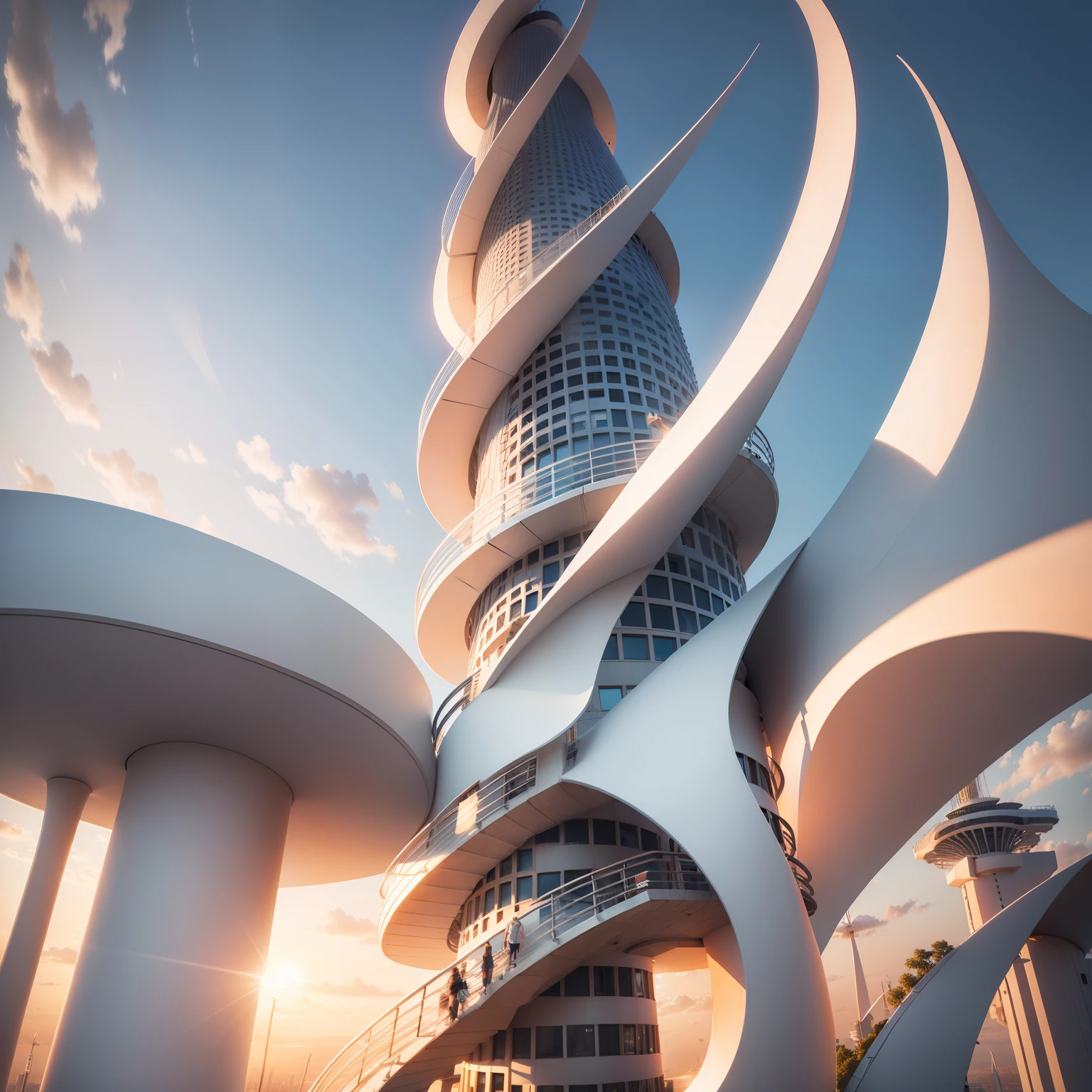 ((Modern wind tower)) , small tower , high detail , curve surface , white , cityscape , sunset lighting