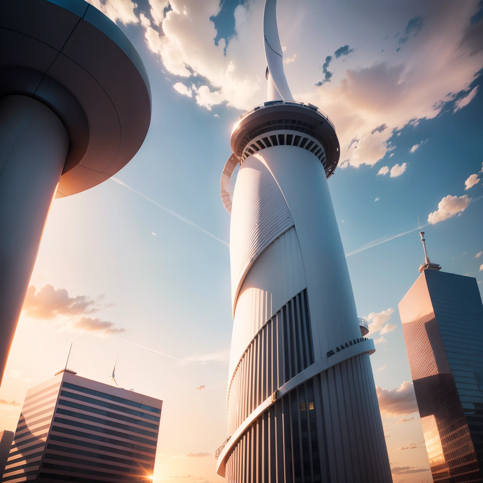 ((Modern wind tower)) , small tower , high detail , curve surface , white , cityscape , sunset lighting