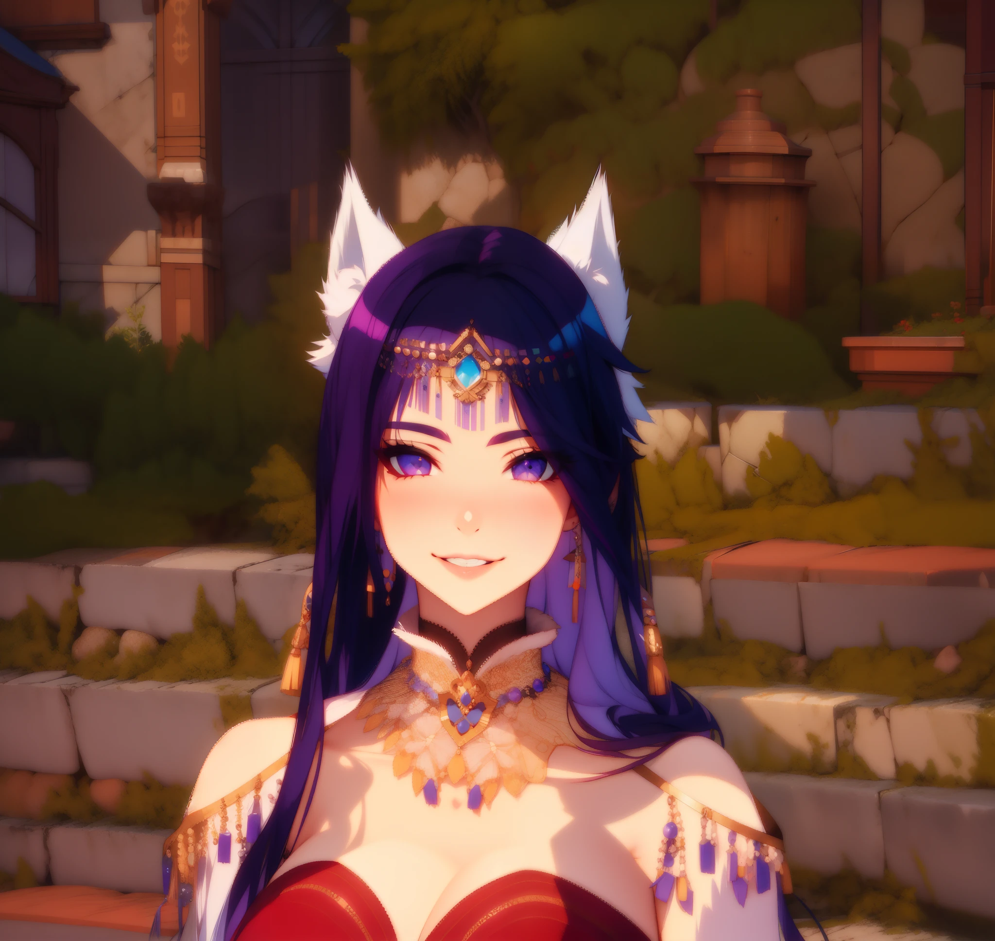 one pretty woman，Purple colored hair，White fox ears，smile eyes，adolable