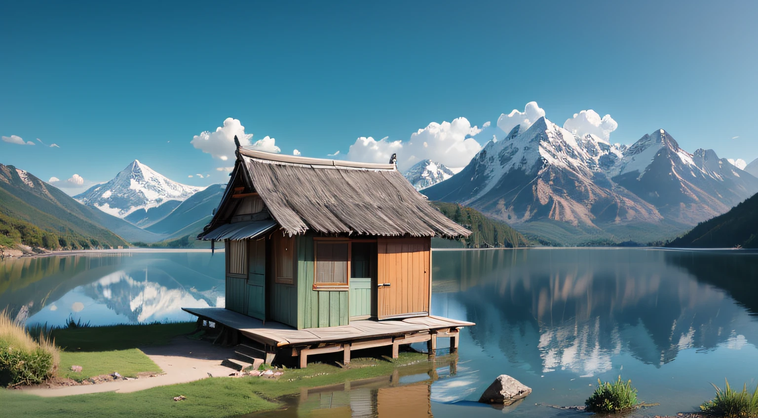 Small hut at the foot of the mountain, beautiful lake mirroring the landscape. blue sky --auto --s2