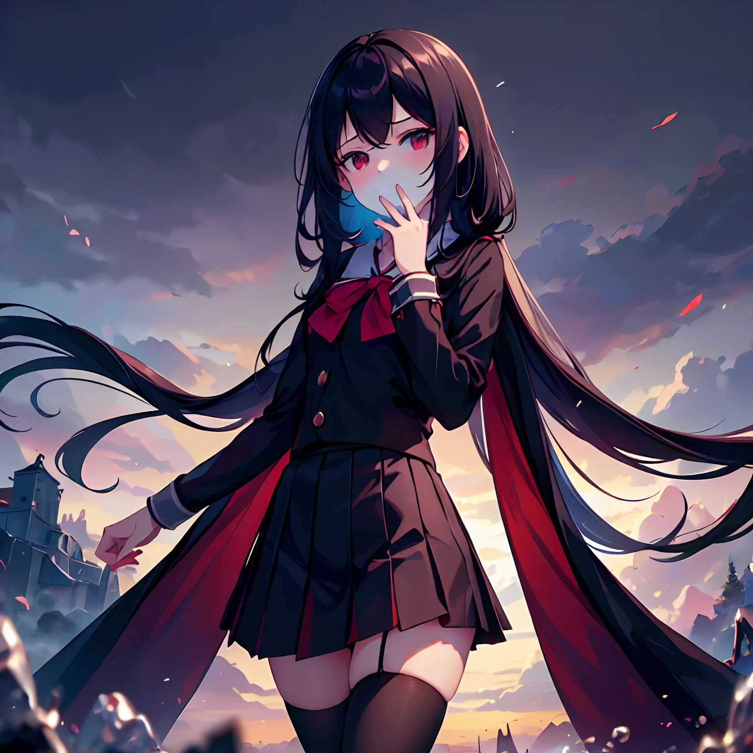 tmasterpiece,best qualtiy,Correct limbs,Girl covering her mouth,is shy:1.5,Be red in the face:1.5,JK school uniform,emaciated,a black pleated skirt,black lence stockings,thin very long legs,18year old,High school seniors,school ground