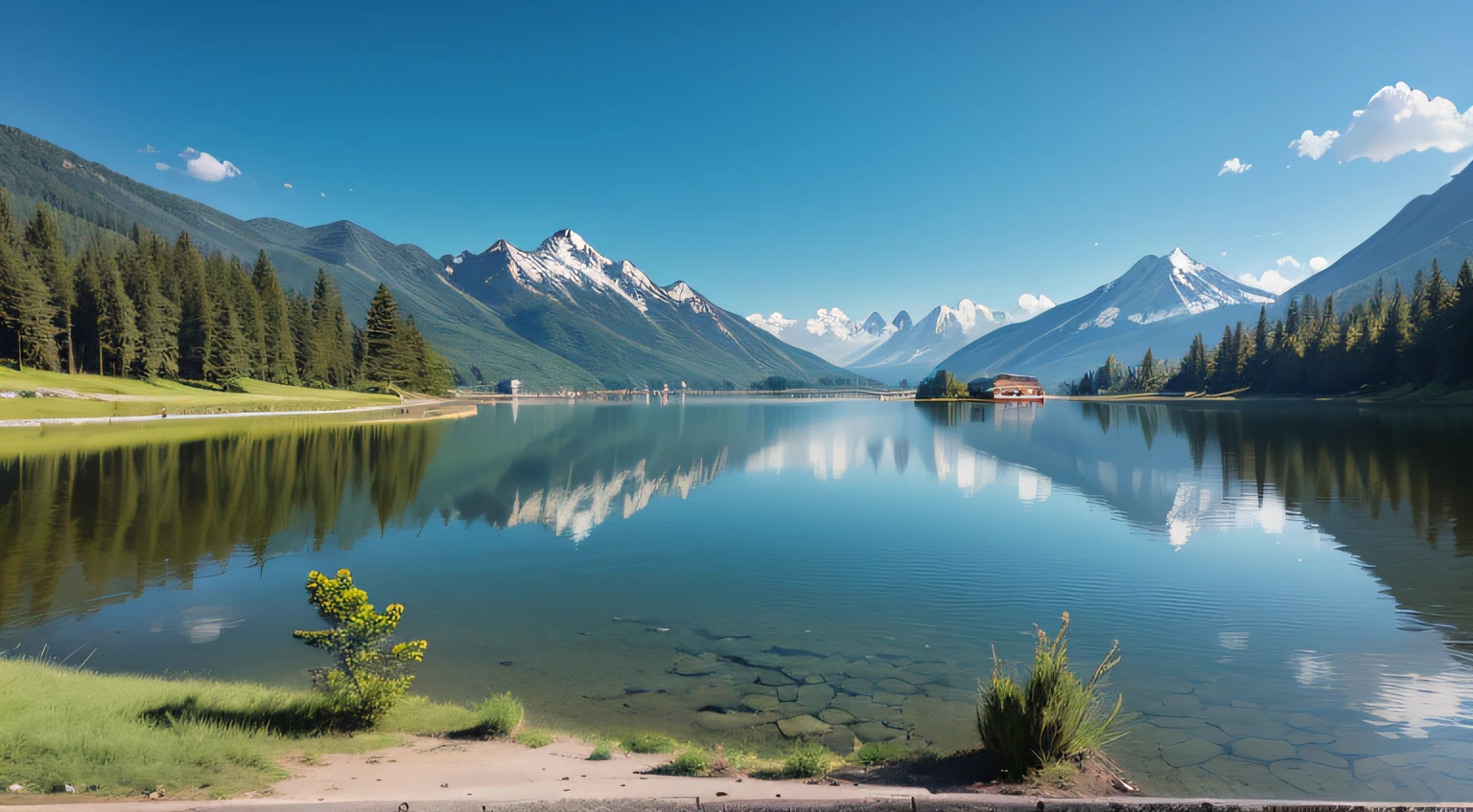 Small hut at the foot of the mountain, beautiful lake mirroring the landscape. blue sky --auto --s2