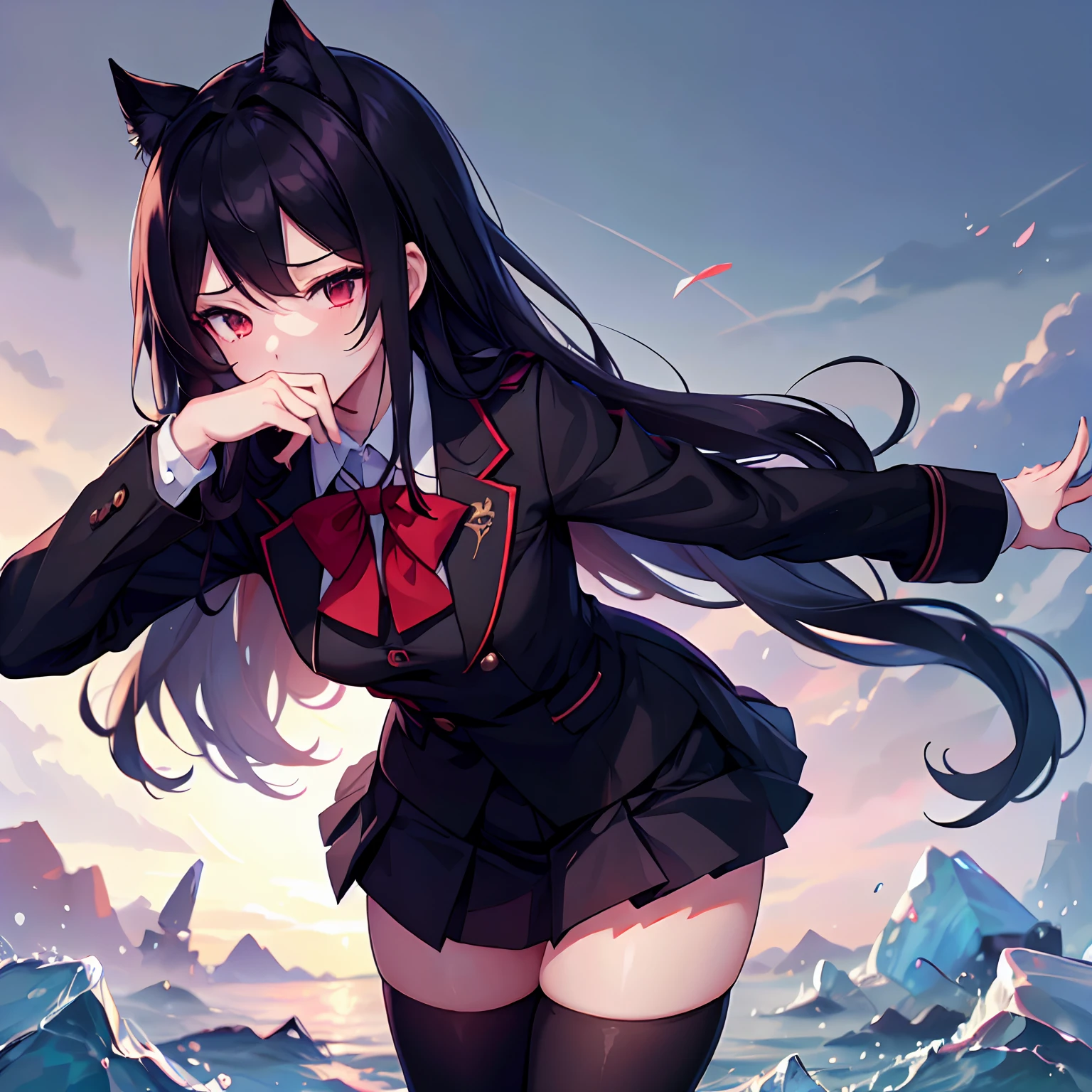 tmasterpiece,best qualtiy,Correct limbs,Girl covering her mouth,is shy:1.5,Be red in the face:1.5,JK school uniform,emaciated,a black pleated skirt,black lence stockings,thin very long legs,18year old,High school seniors,school ground