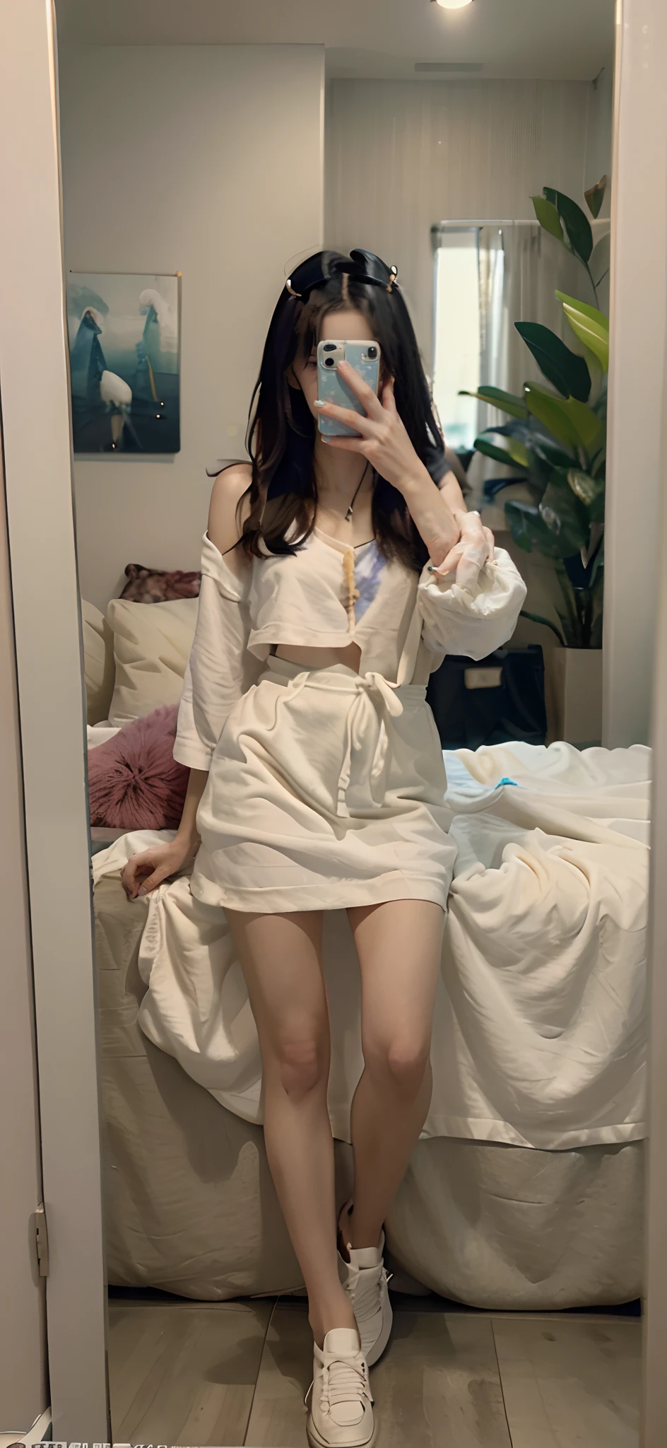 Best picture quality,South Korean beauties,Fashionable and trendy clothing,Network diagram style,Shoot against the mirror,iphone,The hair is rich in detail,The hand contour is clear,The details of the phone lens should be clear