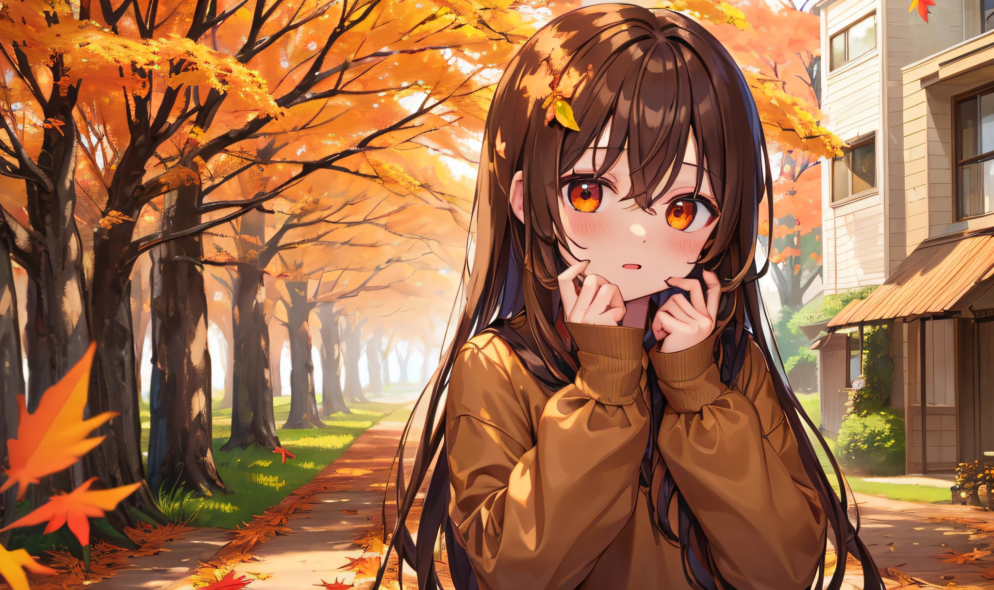 (MKSKS style, Detailed background:1.1), Nanashi_mummy, feather, Solo, Brown shirt, Brown hair, Long hair, comfy, (Outdoors, spring \(season\), Autumn:1.3), Long sleeves,