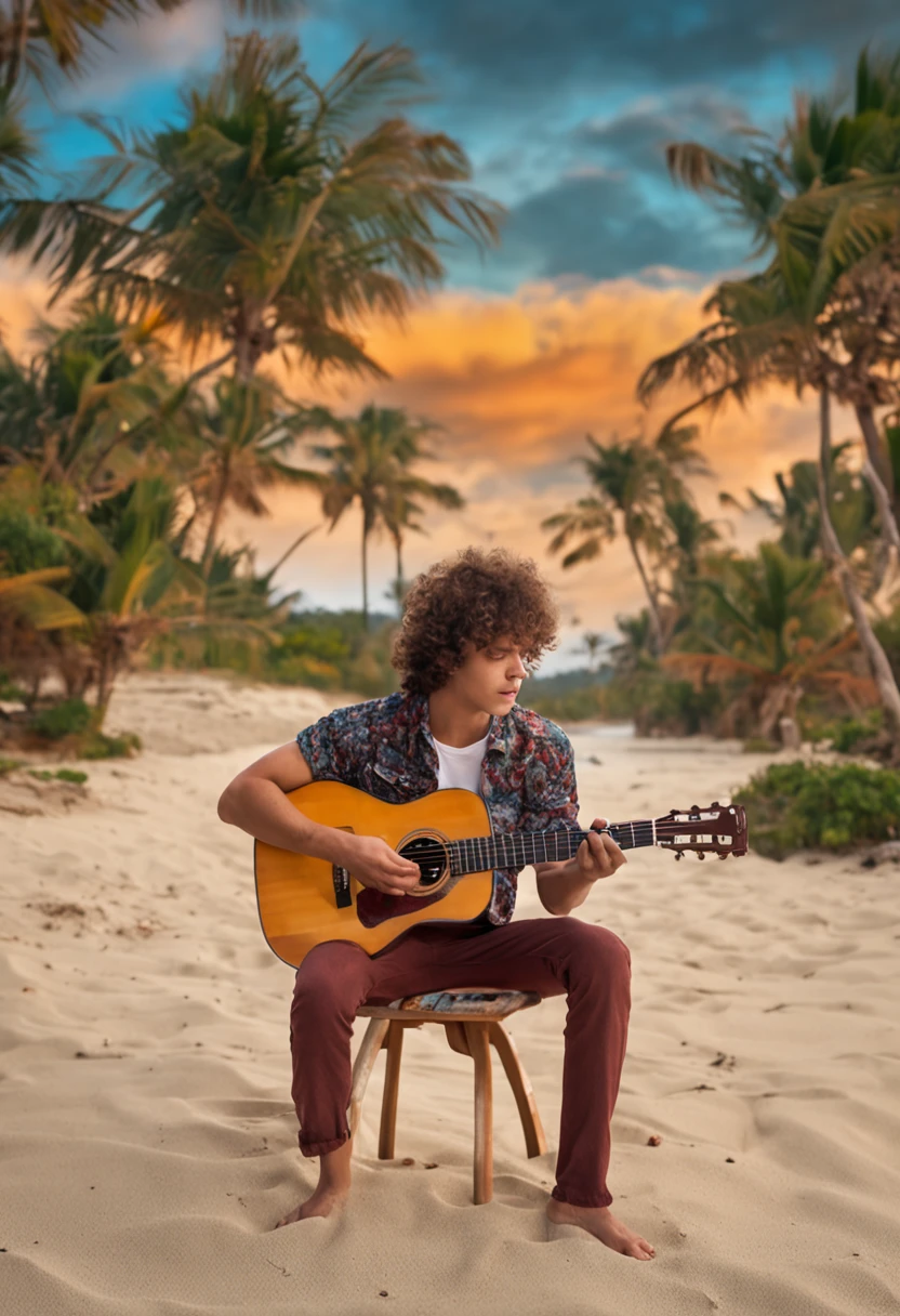 a beautiful young man , with curly hair, playing the guitar on a beautiful beach with a sea of crystalline waters