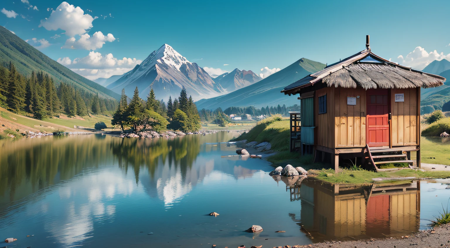 Small hut at the foot of the mountain, beautiful lake mirroring the landscape. blue sky --auto --s2