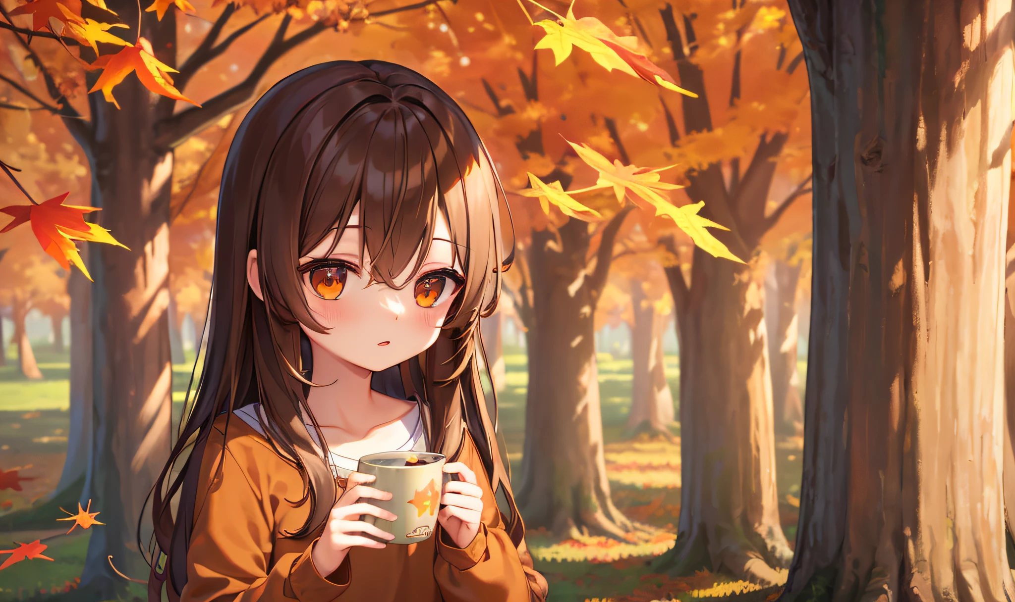 (MKSKS style, Detailed background:1.1), Nanashi_mummy, feather, Solo, Brown shirt, Brown hair, Long hair, comfy, (Outdoors, spring \(season\), Autumn:1.3), Long sleeves,